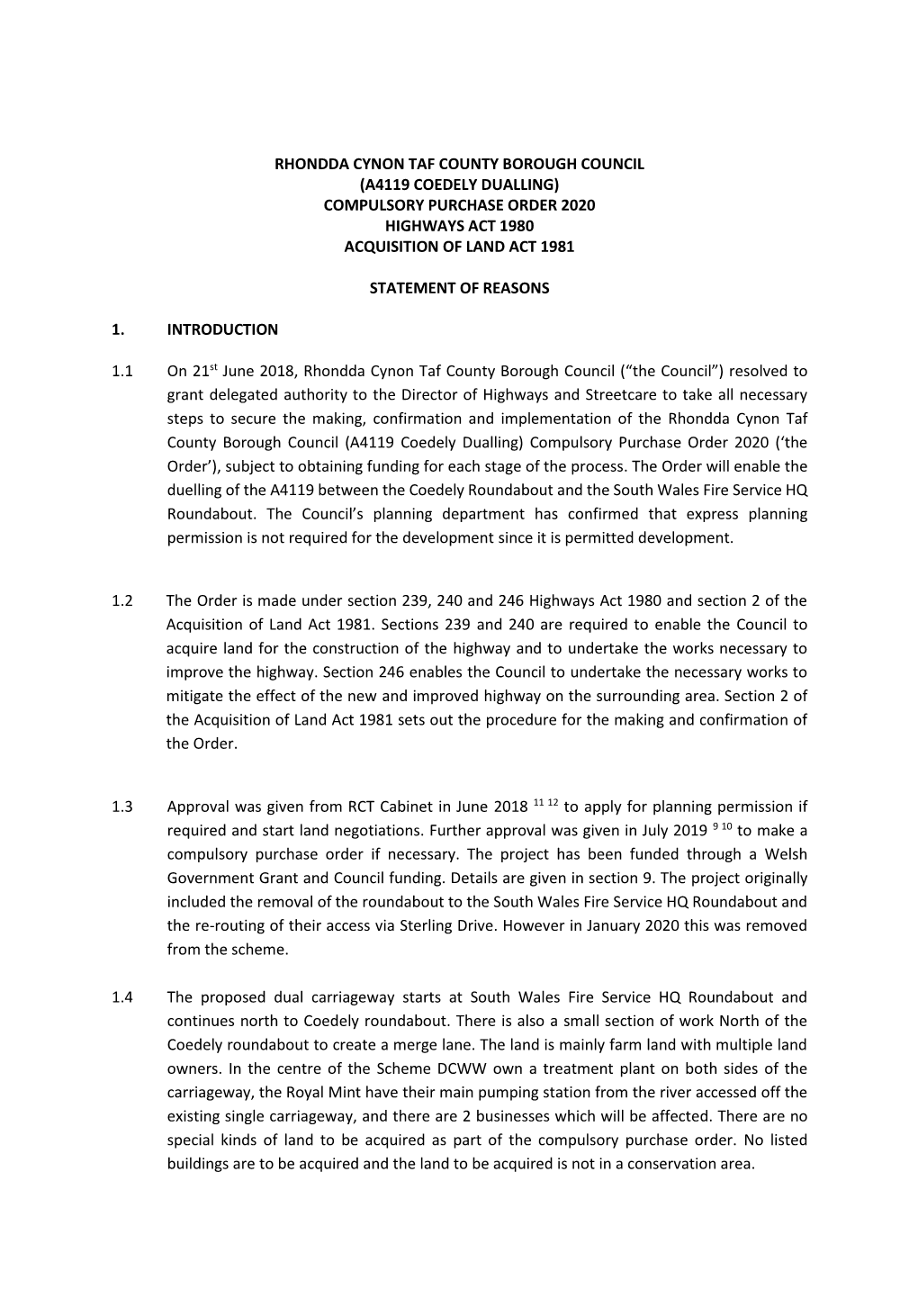 A4119 Coedely Dualling) Compulsory Purchase Order 2020 Highways Act 1980 Acquisition of Land Act 1981