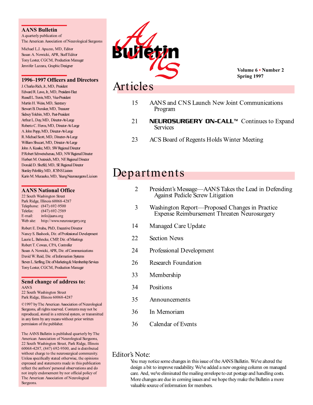 AANS Bulletin Vol. 6 No. 2 Spring 1997