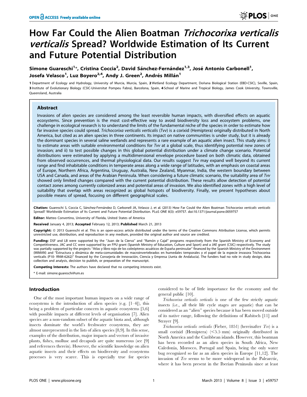 How Far Could the Alien Boatman Trichocorixa Verticalis Verticalis Spread? Worldwide Estimation of Its Current and Future Potential Distribution