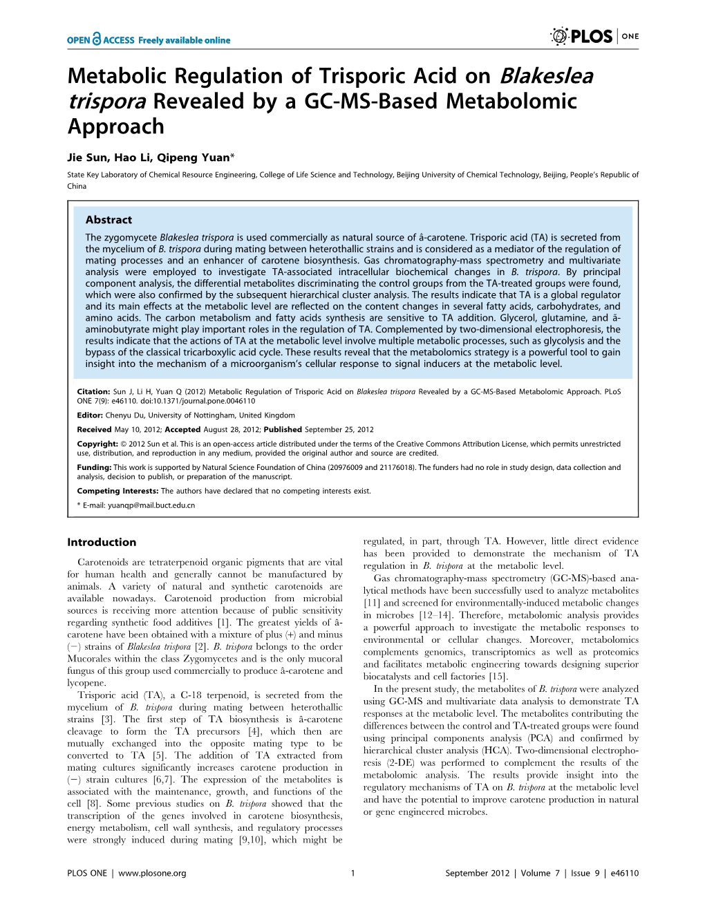 Metabolic Regulation of Trisporic Acid on Blakeslea Trispora Revealed by a GC-MS-Based Metabolomic Approach