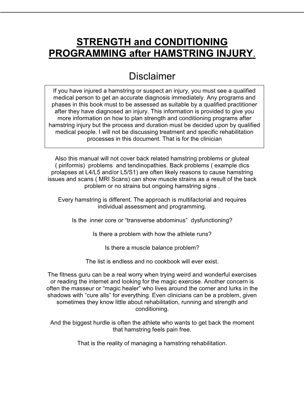 STRENGTH and CONDITIONING PROGRAMMING After HAMSTRING INJURY