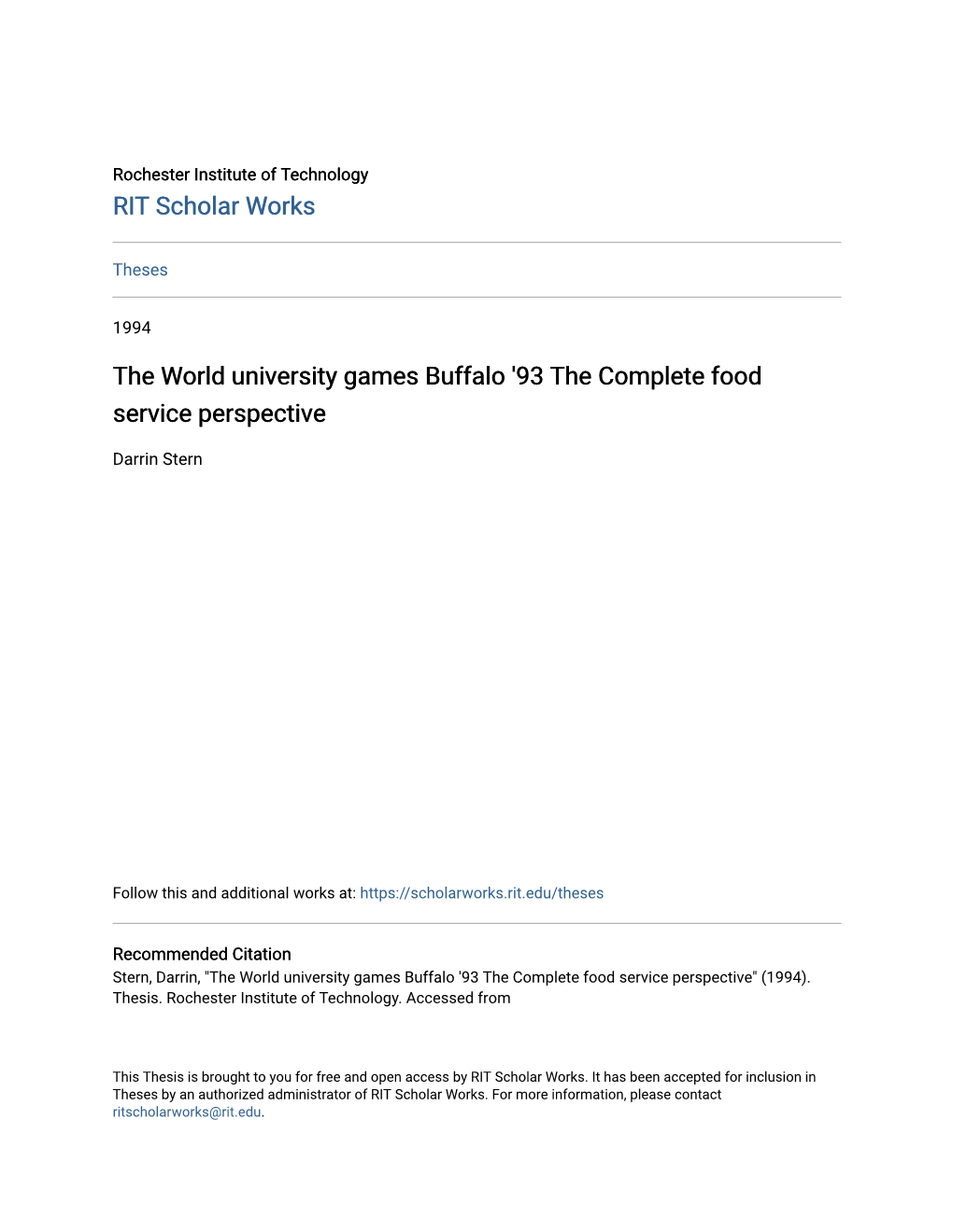The World University Games Buffalo '93 the Complete Food Service Perspective