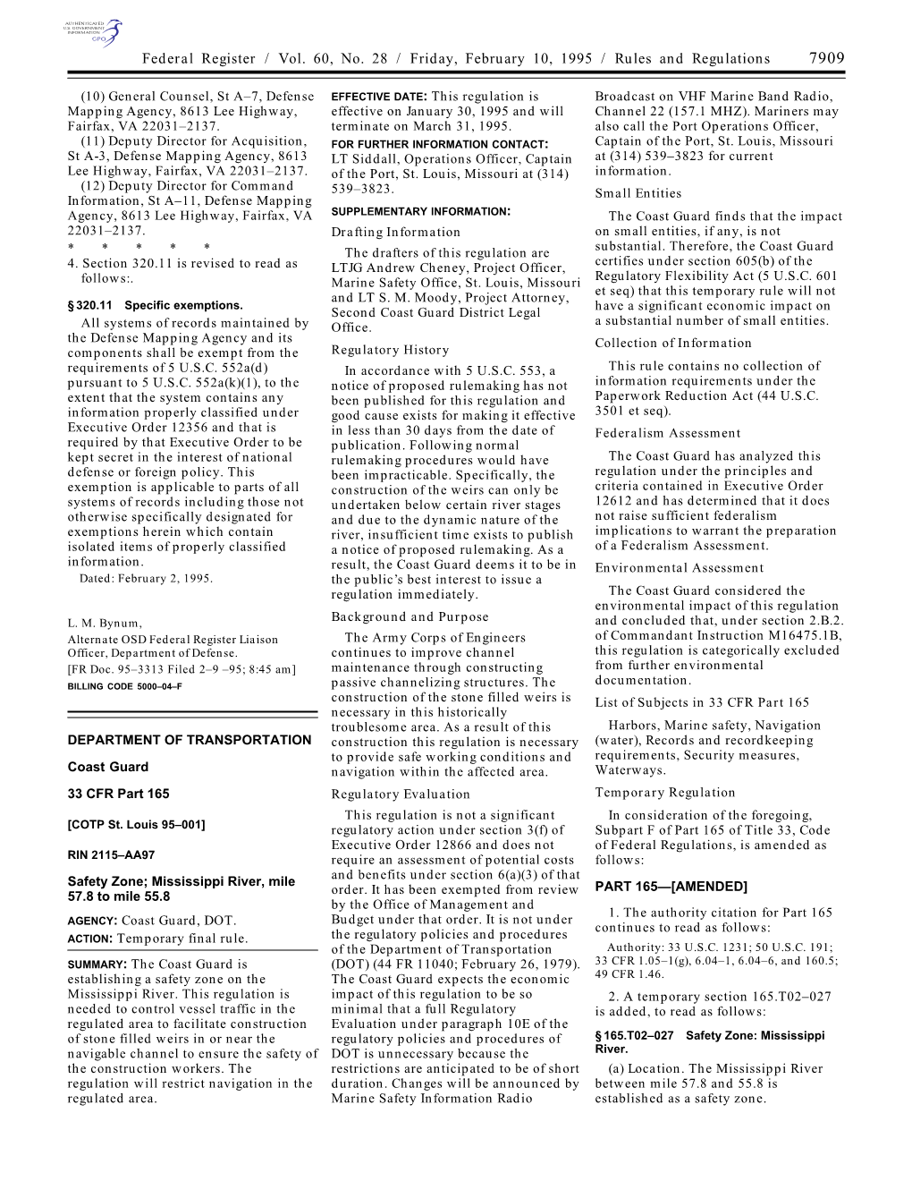 Federal Register / Vol. 60, No. 28 / Friday, February 10, 1995 / Rules and Regulations 7909