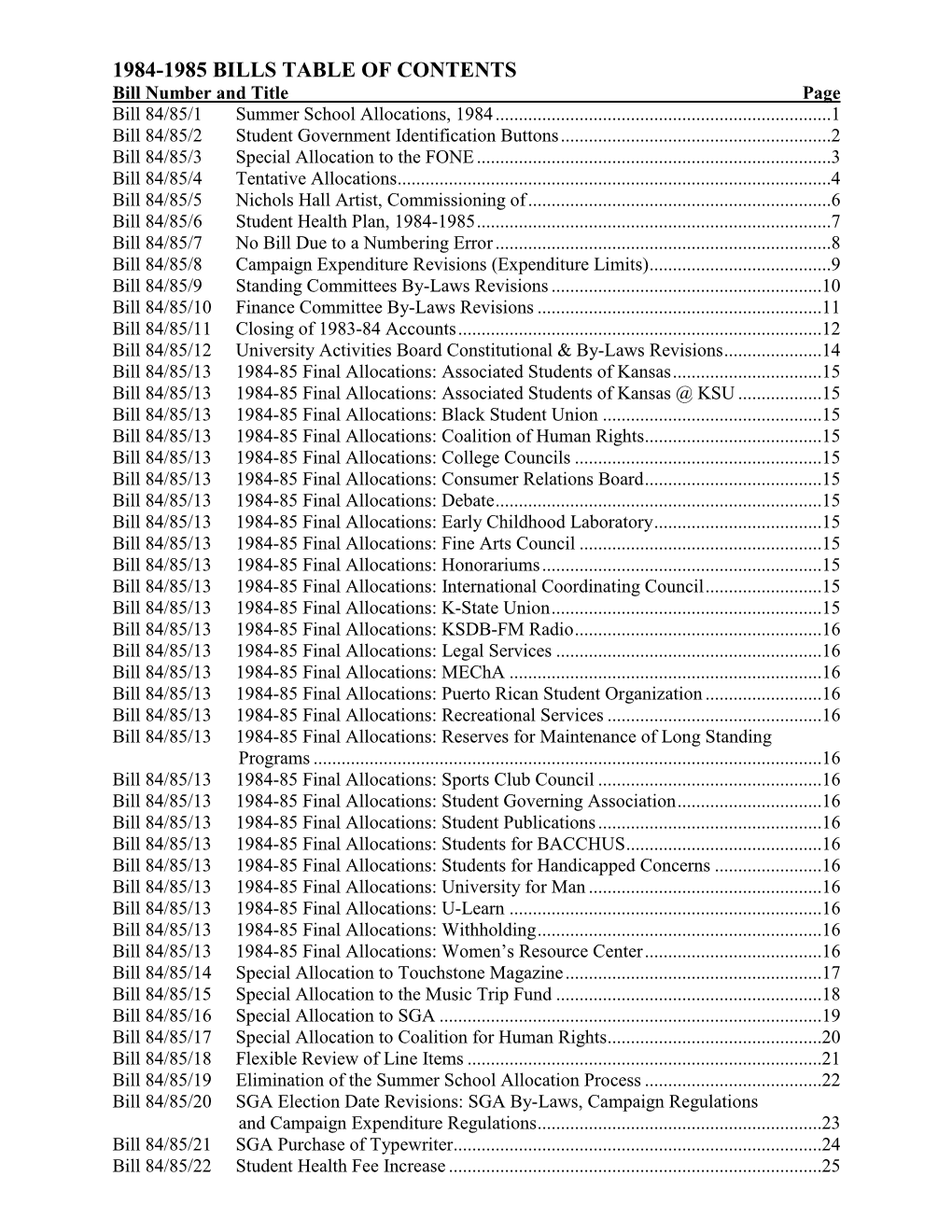 1984-1985 BILLS TABLE of CONTENTS Bill Number and Title Page Bill 84/85/1 Summer School Allocations, 1984