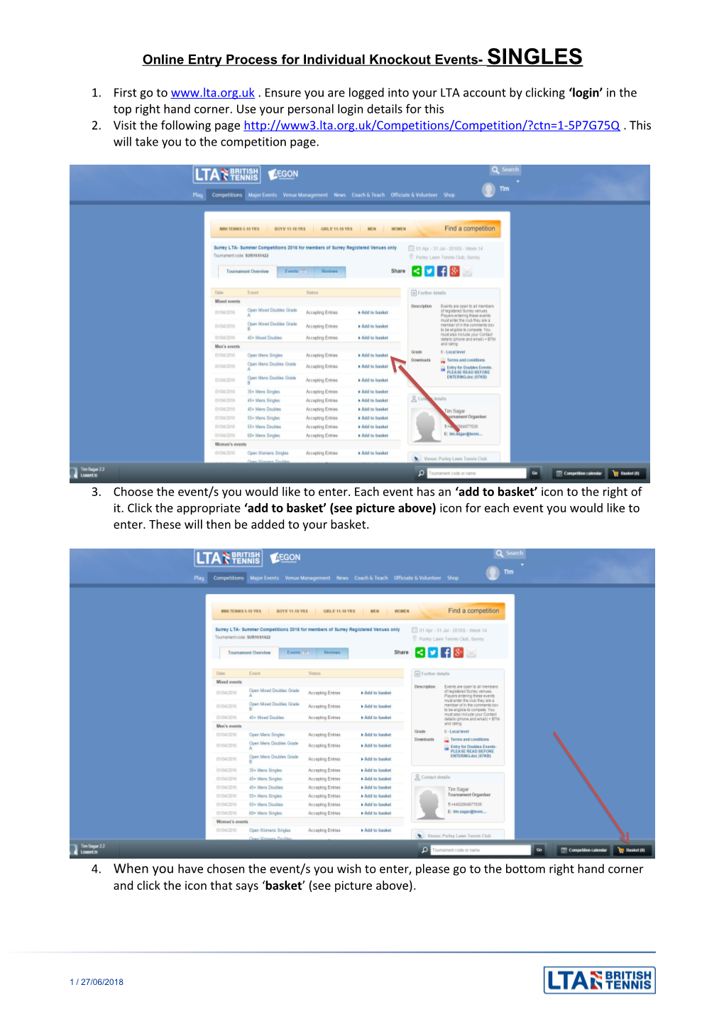 Online Entry Process for Individual Knockout Events- SINGLES