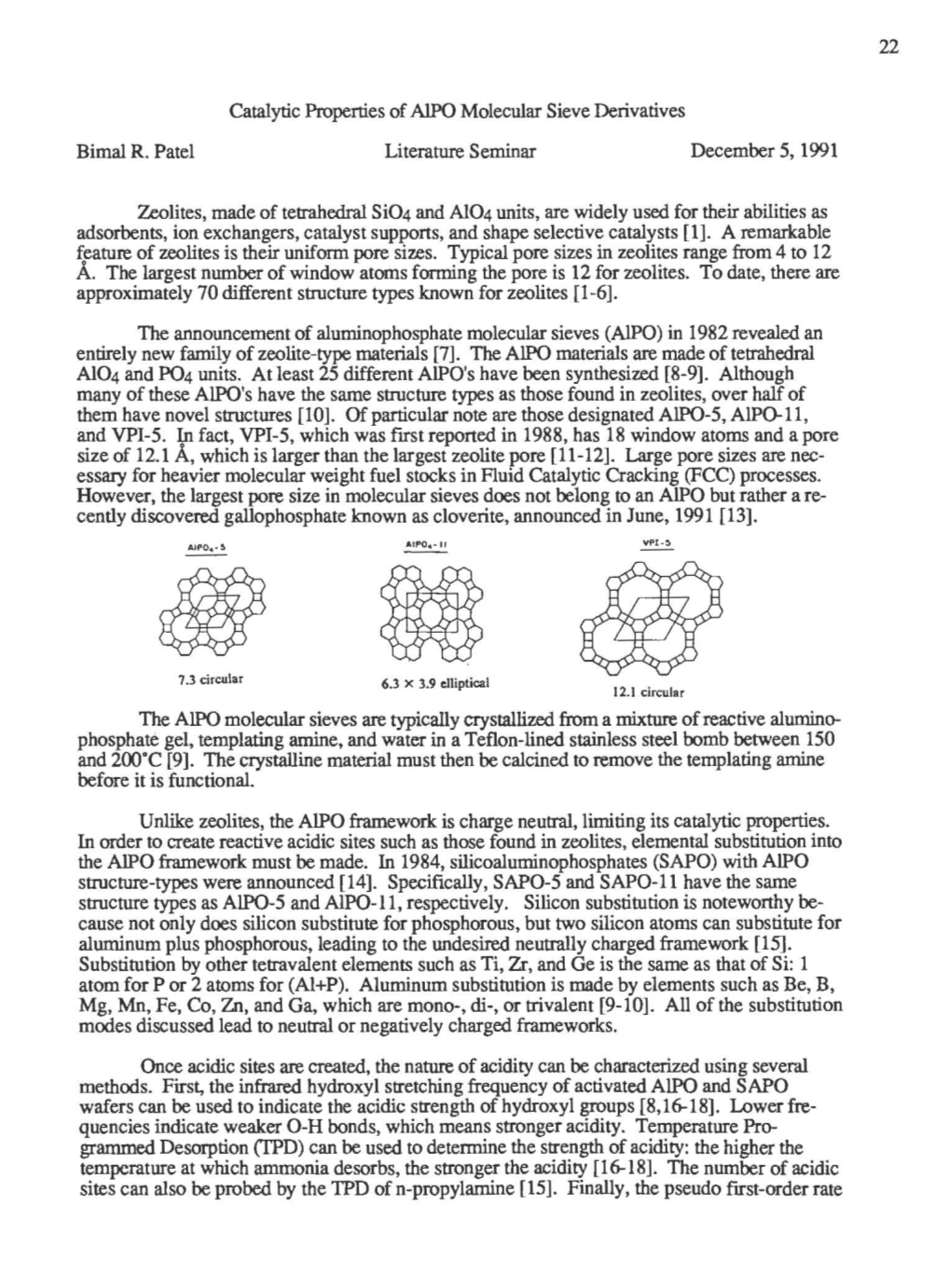 Catalytic Properties of Alpo Molecular Sieve Derivatives Bimal R. Patel