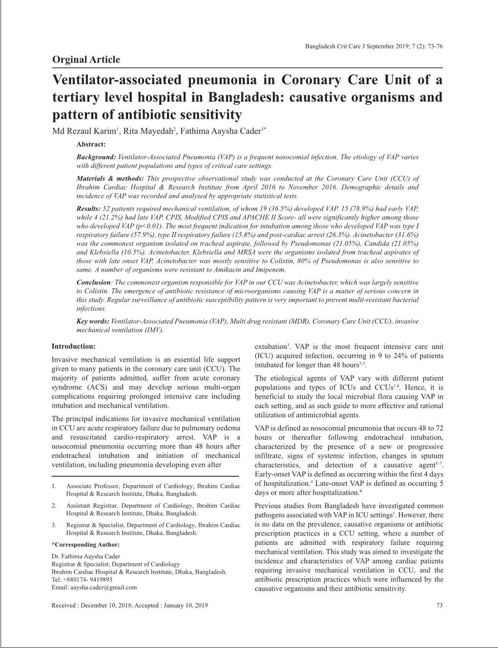 Ventilator-Associated Pneumonia in Coronary Care Unit of a Tertiary