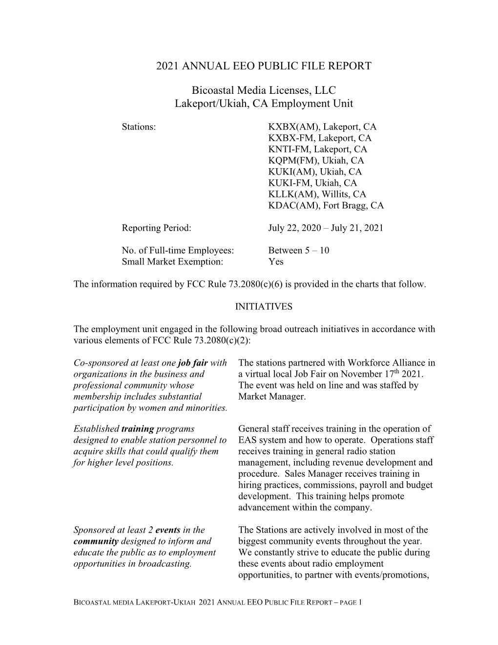 2021 ANNUAL EEO PUBLIC FILE REPORT Bicoastal Media Licenses, LLC Lakeport/Ukiah, CA Employment Unit