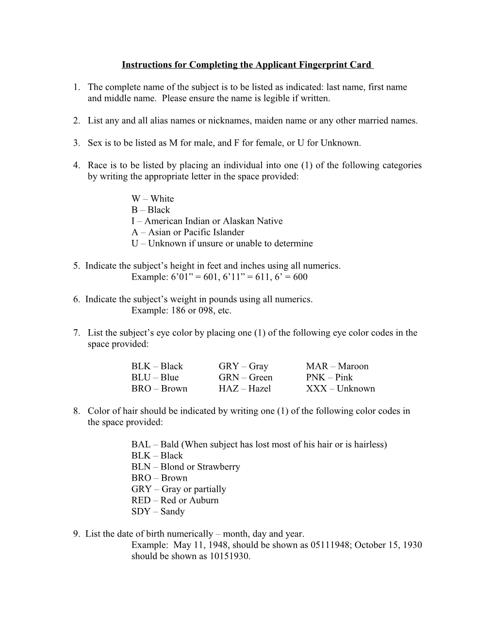 Instructions for Completing the Applicant Fingerprint Card Information