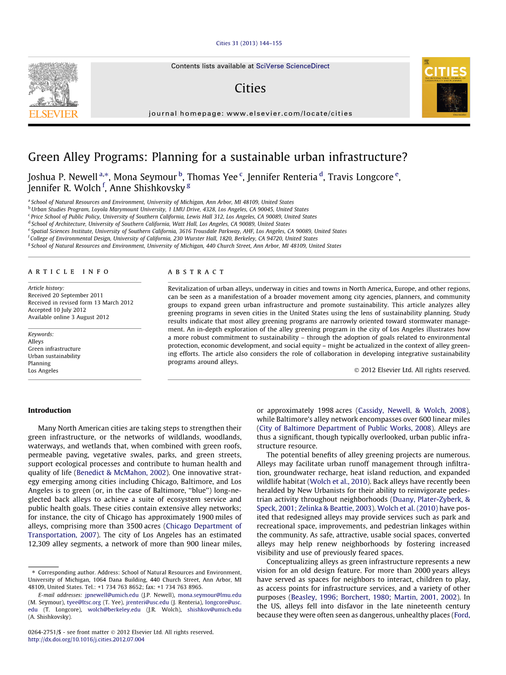 Green Alley Programs: Planning for a Sustainable Urban Infrastructure? ⇑ Joshua P