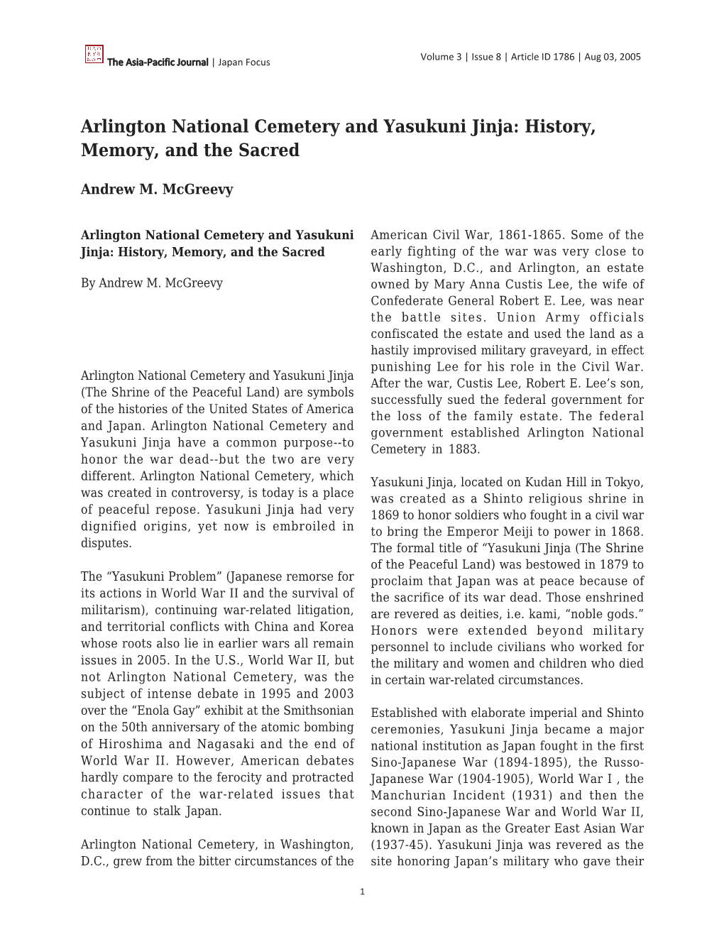 Arlington National Cemetery and Yasukuni Jinja: History, Memory, and the Sacred