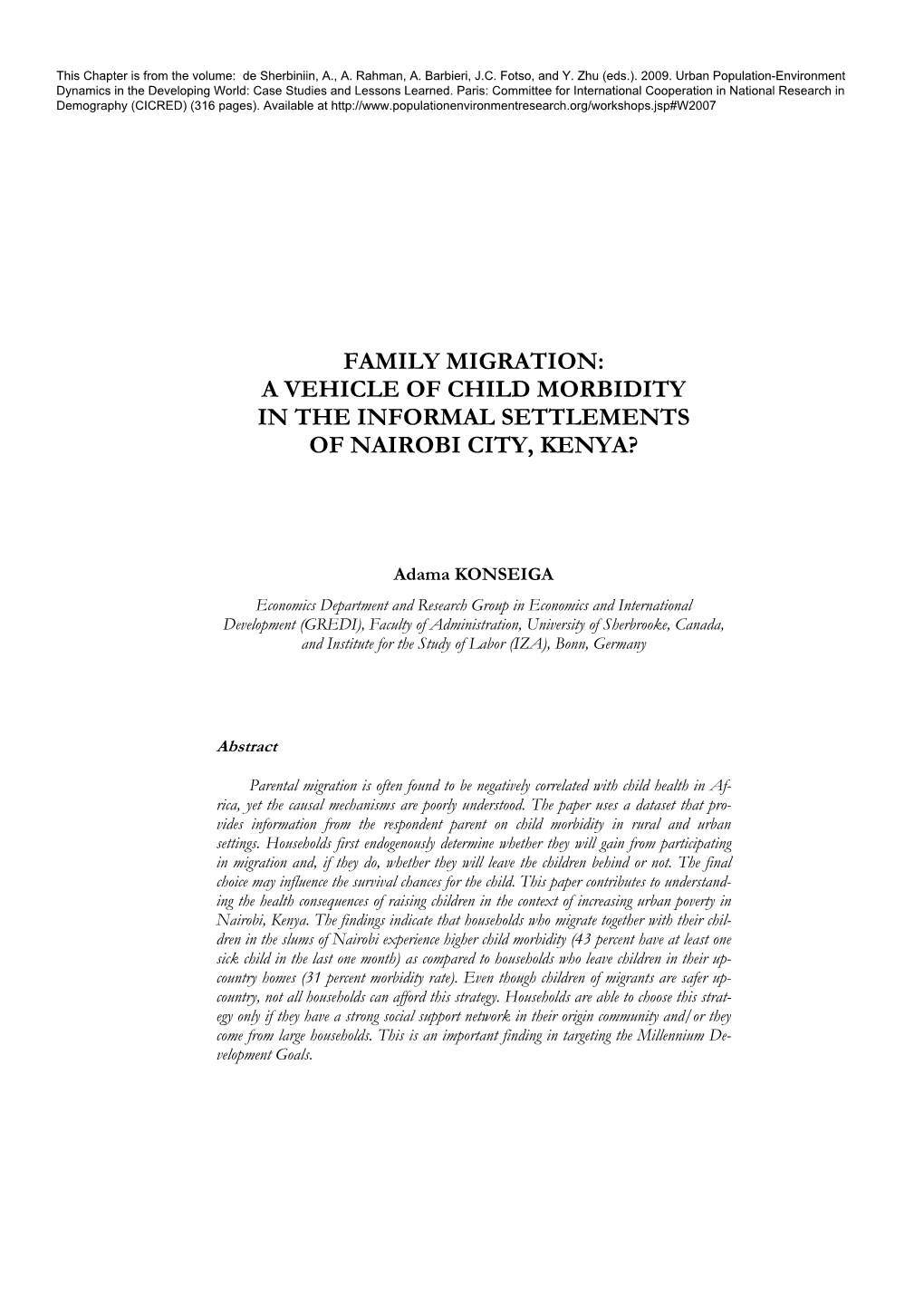 Family Migration: a Vehicle of Child Morbidity in the Informal Settlements of Nairobi City, Kenya?