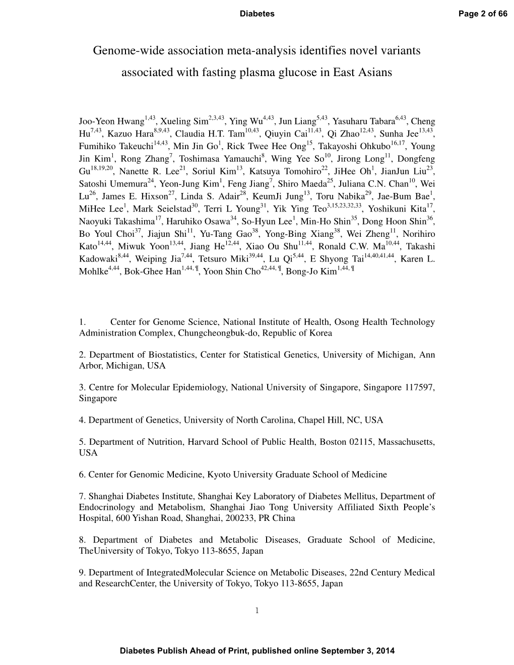 Genome-Wide Association Meta-Analysis Identifies Novel Variants Associated with Fasting Plasma Glucose in East Asians