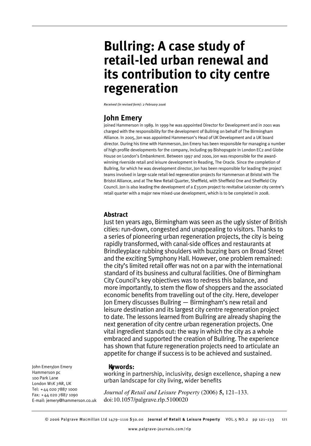 Bullring: a Case Study of Retail-Led Urban Renewal and Its Contribution to City Centre Regeneration