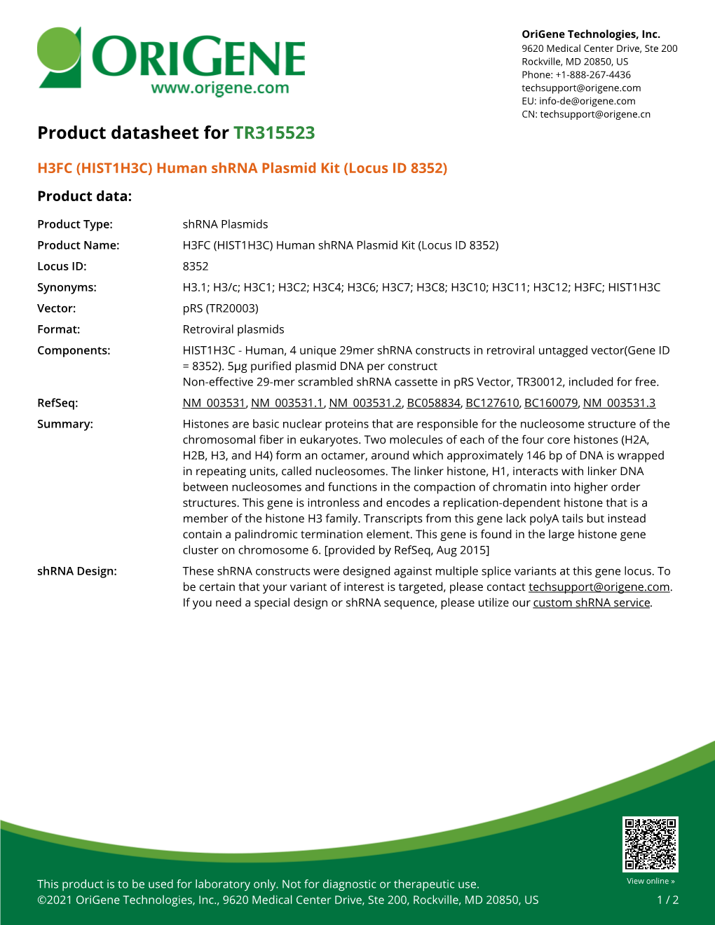 HIST1H3C Human Shrna Plasmid Kit (Locus ID 8352