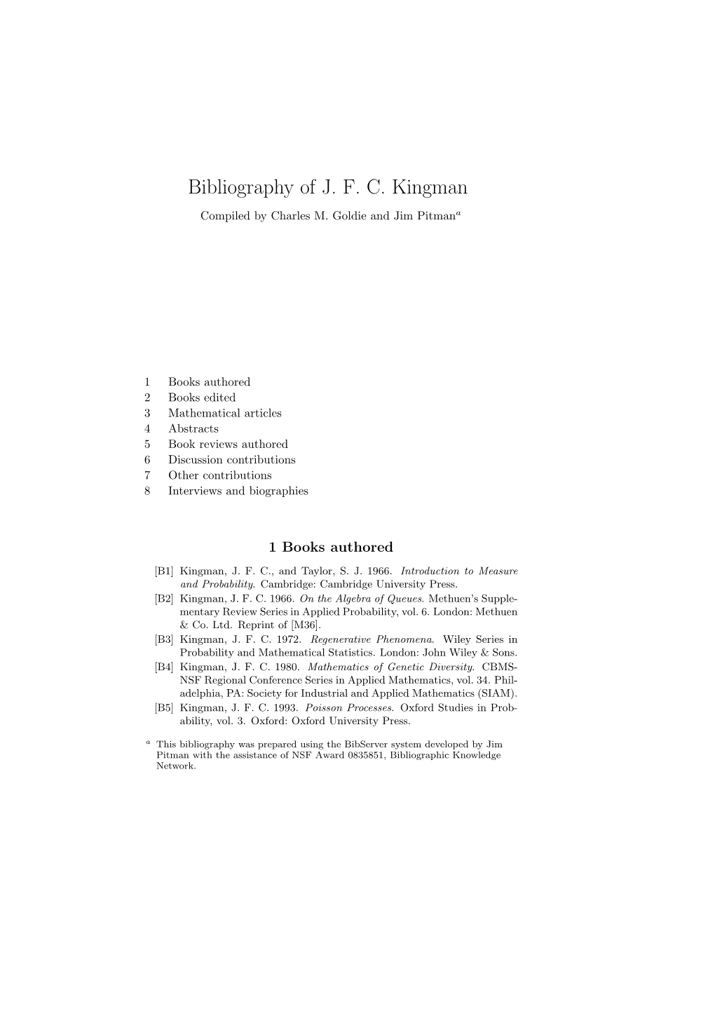 Bibliography of J. F. C. Kingman