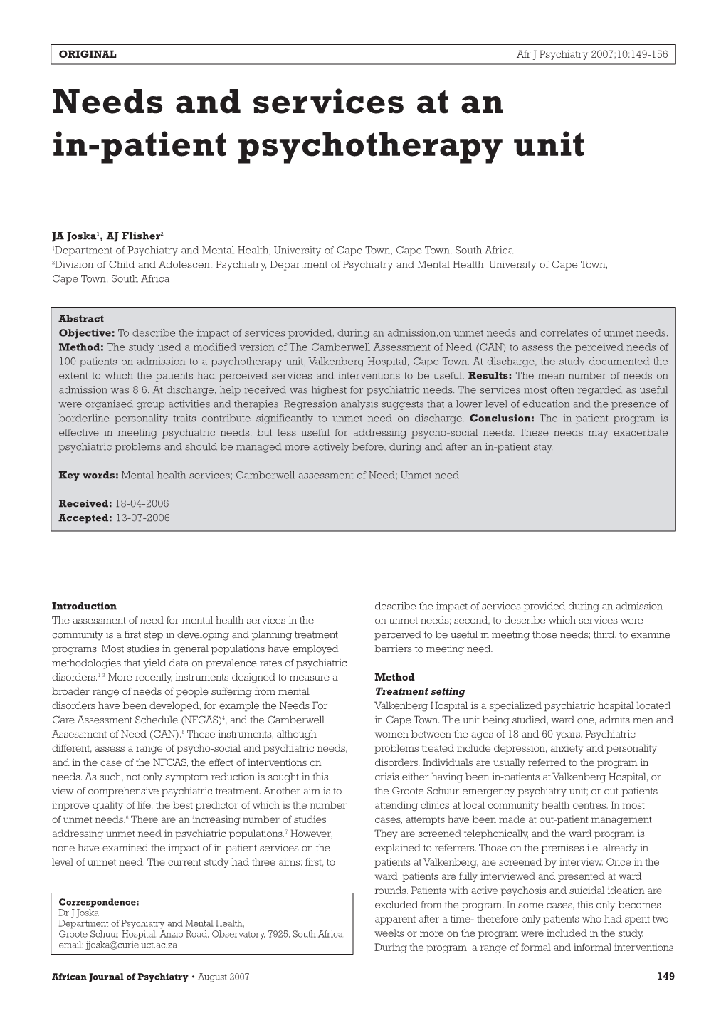 Needs and Services at an In-Patient Psychotherapy Unit JA Joska1