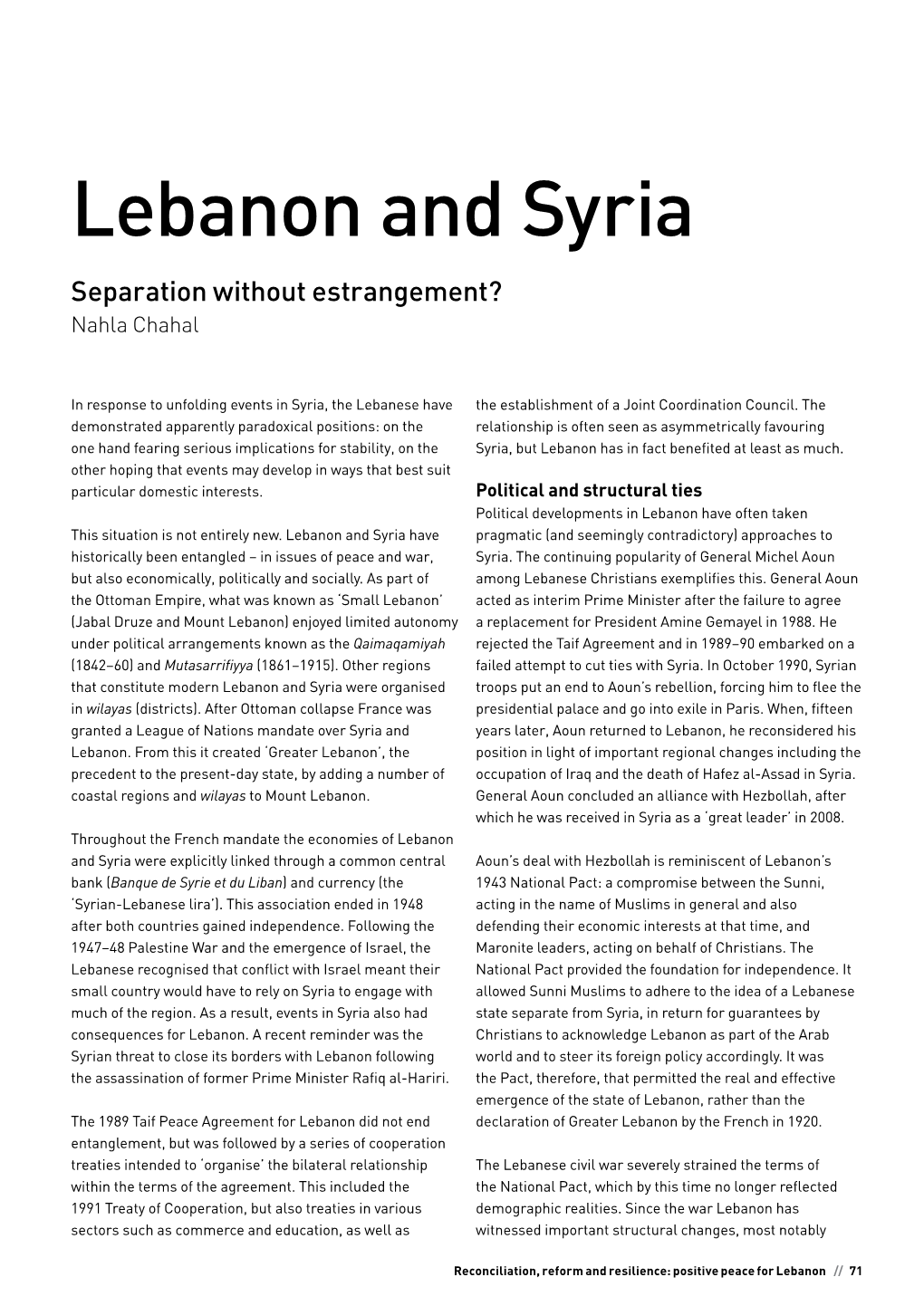 Lebanon and Syria Separation Without Estrangement? Nahla Chahal