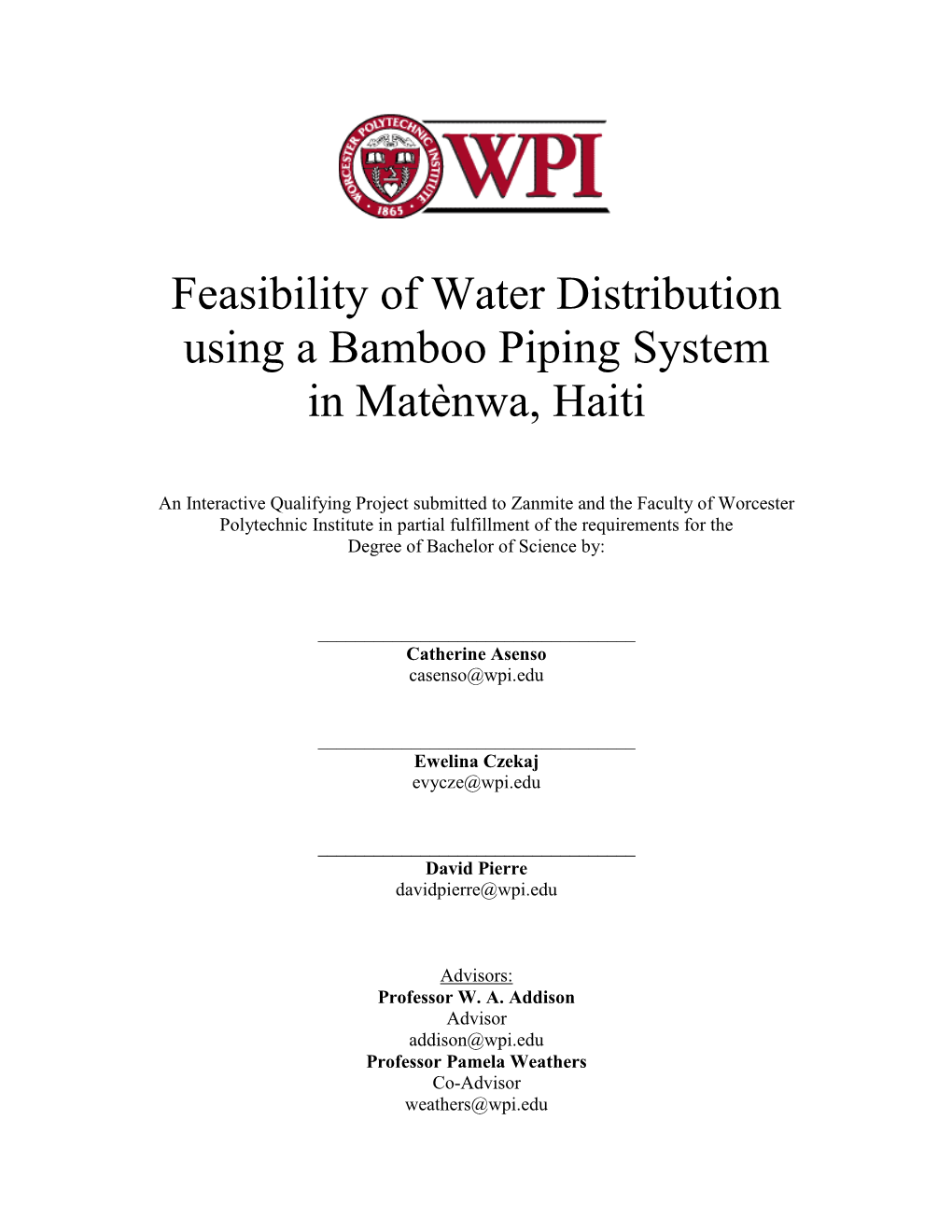 Feasibility of Water Distribution Using a Bamboo Piping System in Matènwa, Haiti