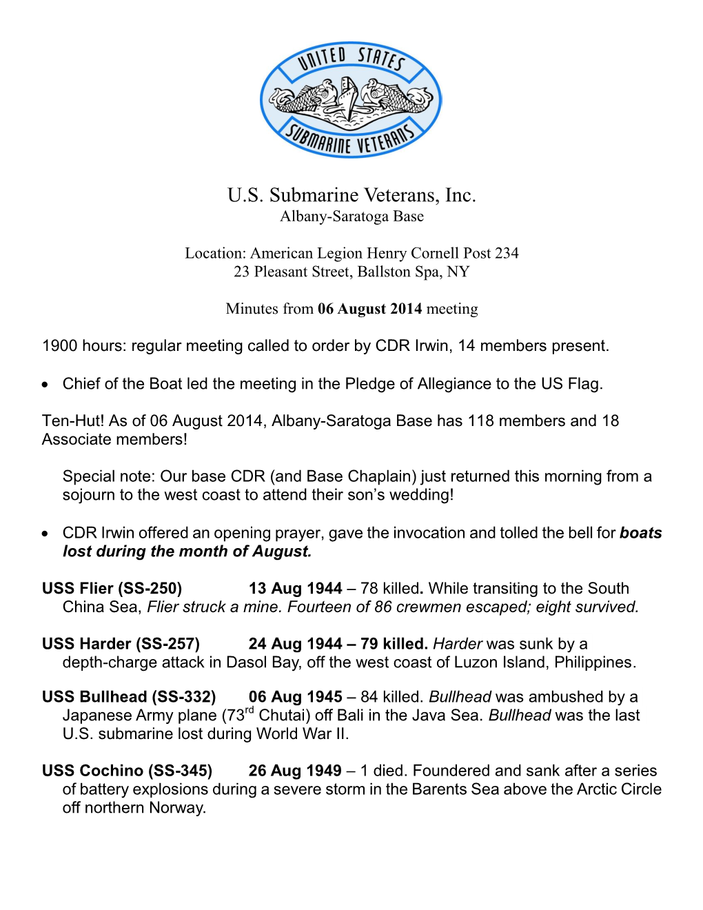 U.S. Submarine Veterans, Inc. Albany-Saratoga Base