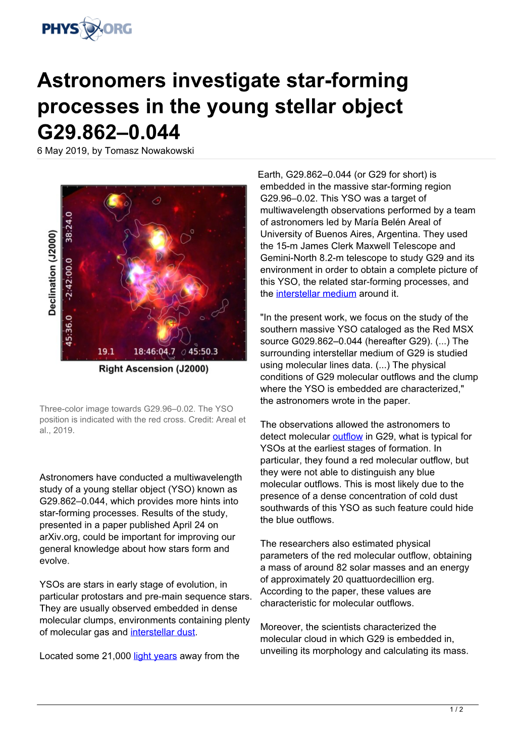 Astronomers Investigate Star-Forming Processes in the Young Stellar Object G29.862–0.044 6 May 2019, by Tomasz Nowakowski