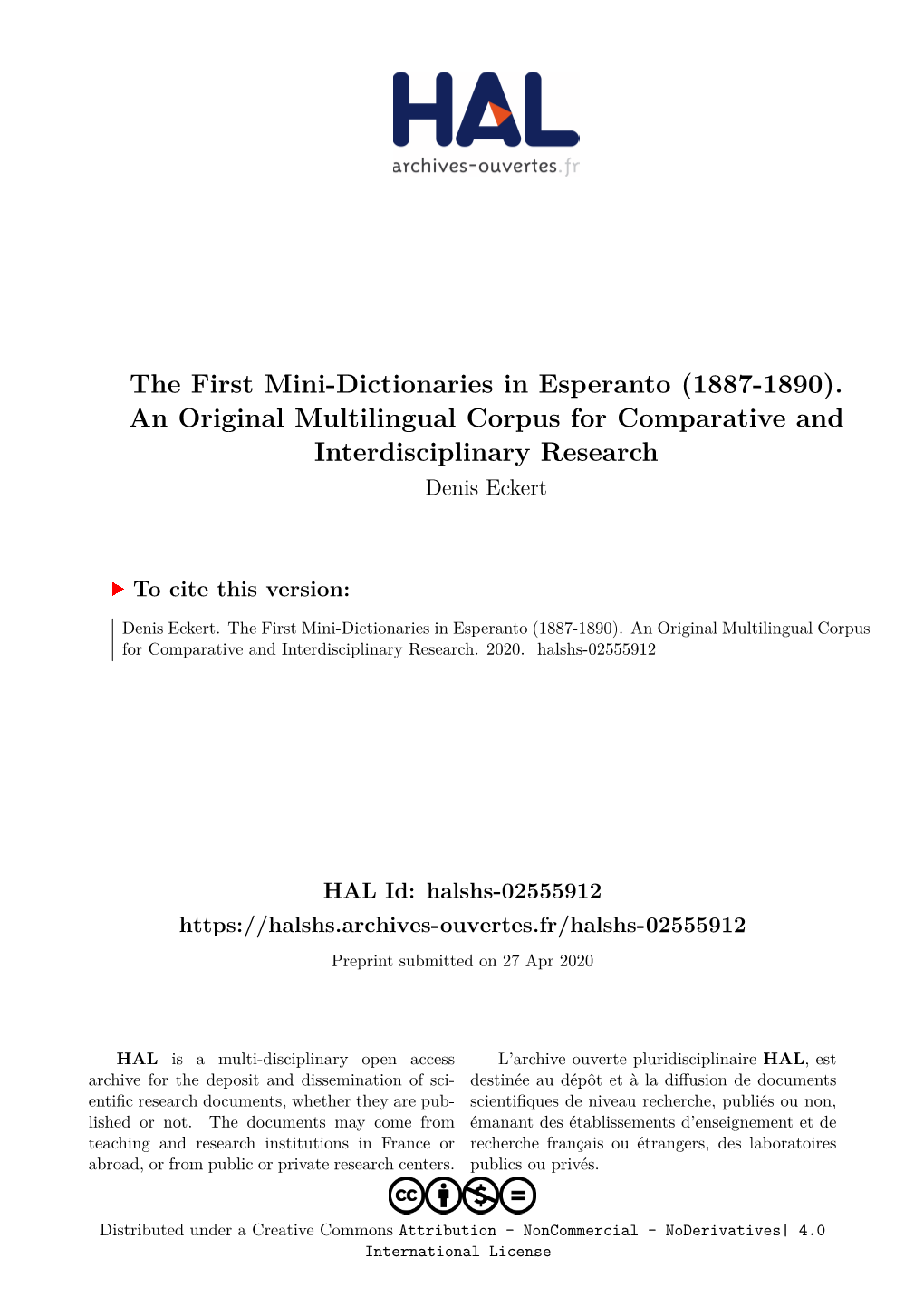 The First Mini-Dictionaries in Esperanto (1887-1890). an Original Multilingual Corpus for Comparative and Interdisciplinary Research Denis Eckert