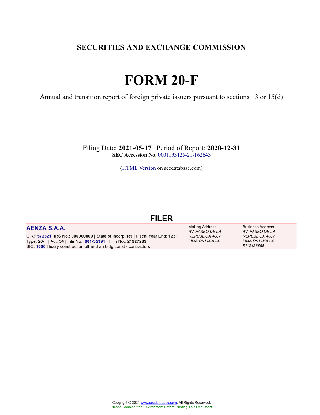 AENZA SAA Form 20-F Filed 2021-05-17