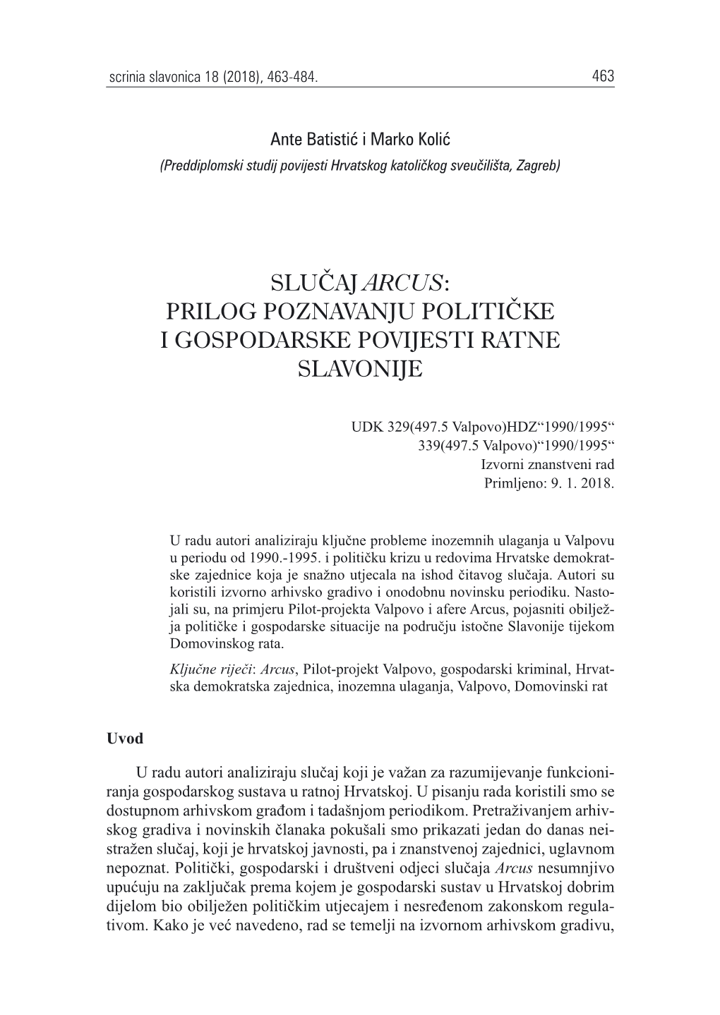 Slučaj Arcus: Prilog Poznavanju Političke I Gospodarske Povijesti Ratne Slavonije