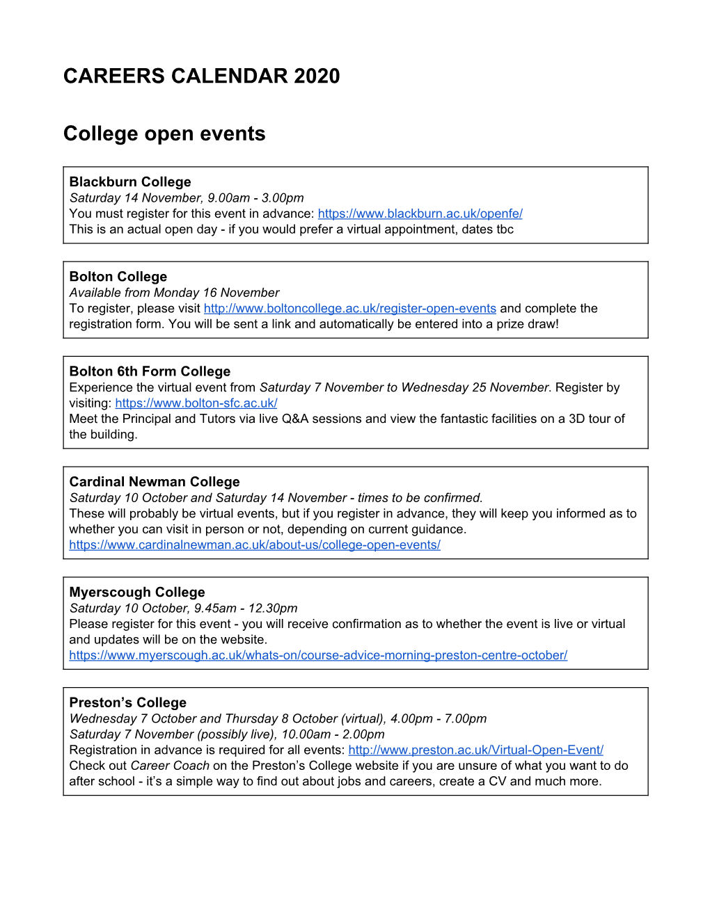 CAREERS CALENDAR 2020 College Open Events