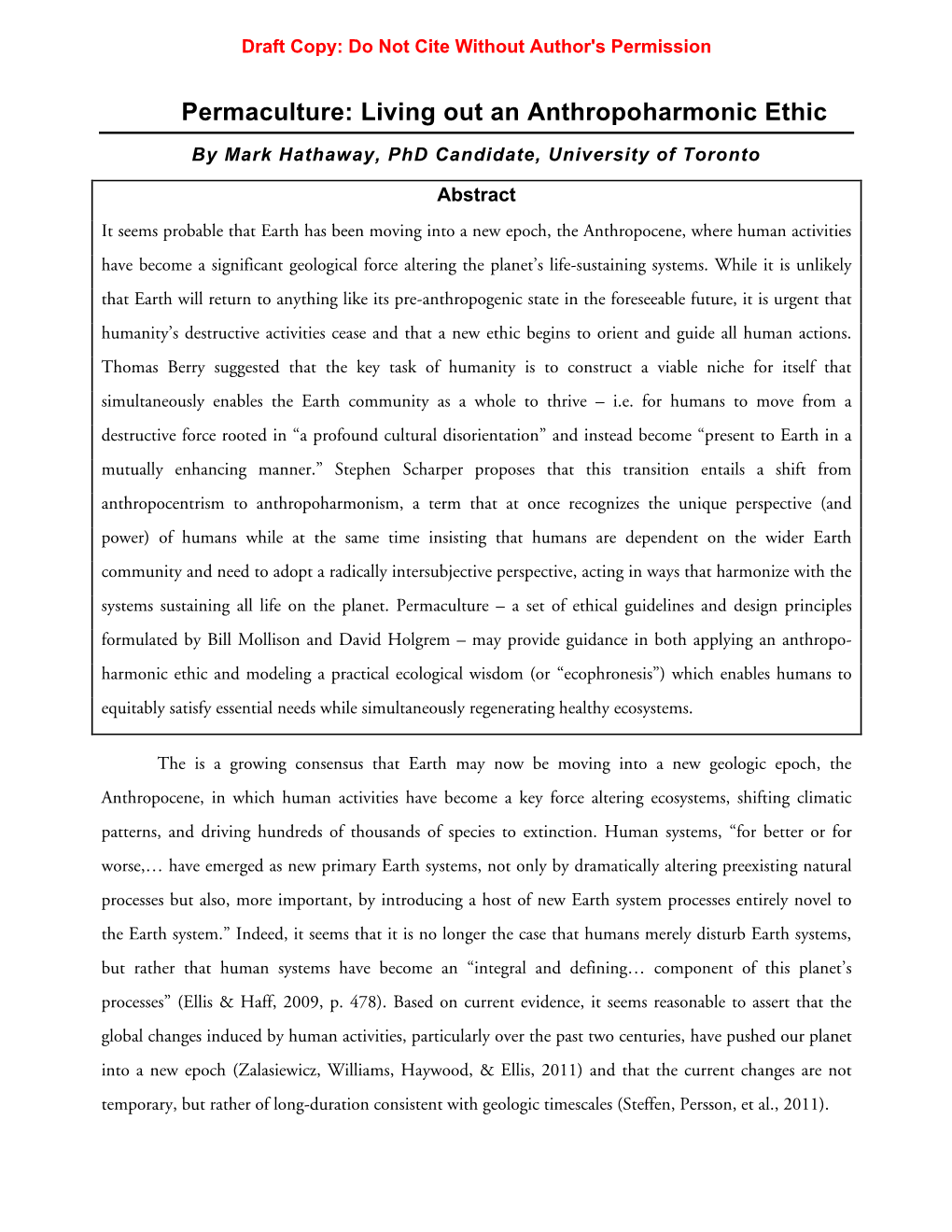 Permaculture: Living out an Anthropoharmonic Ethic by Mark Hathaway, Phd Candidate, University of Toronto