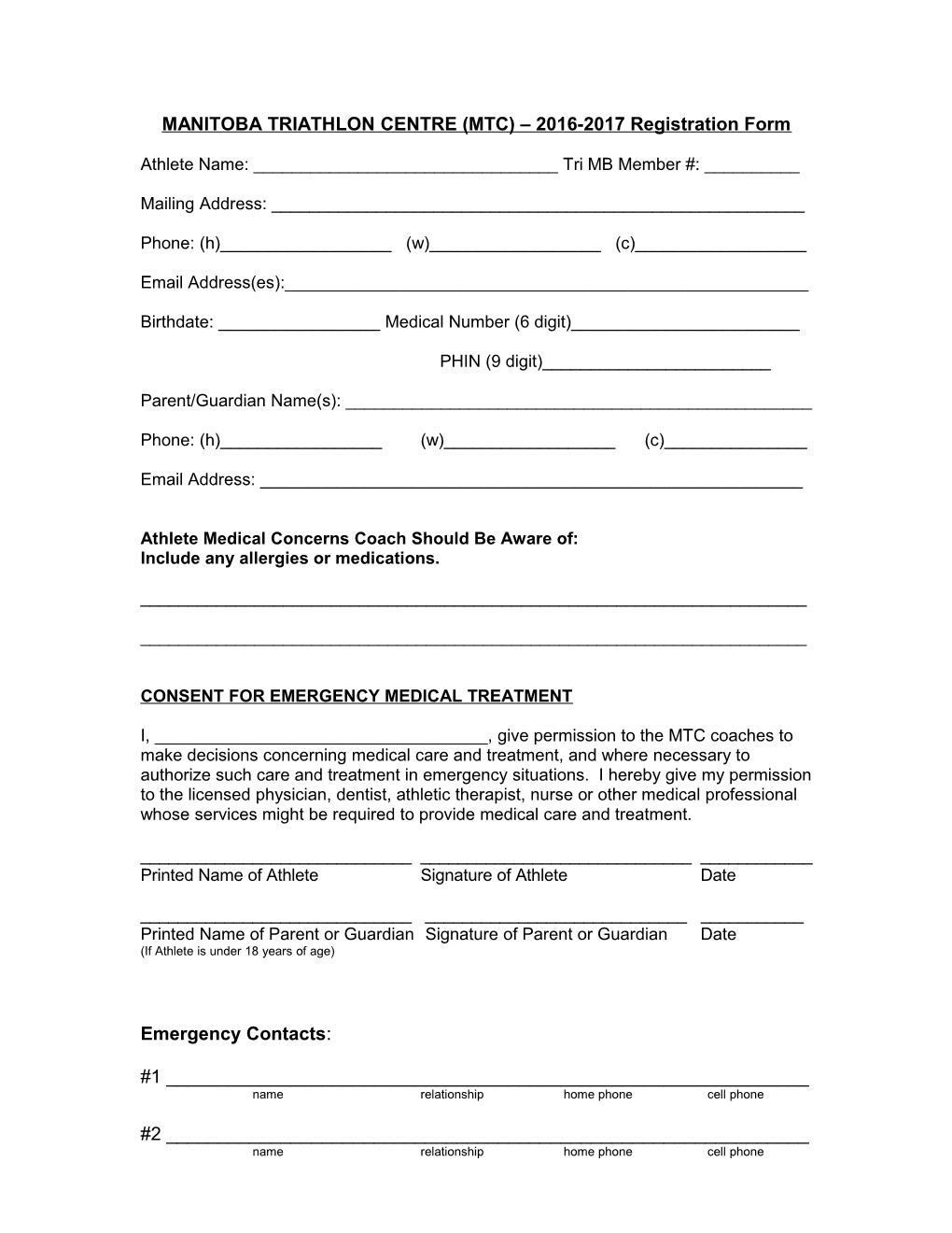 Manitoba Youth Team Program Registration Form