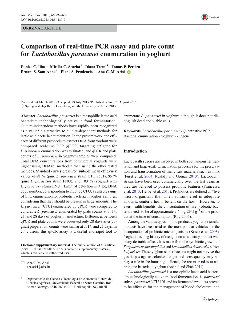 Comparison of Real-Time PCR Assay and Plate Count for Lactobacillus Paracasei Enumeration in Yoghurt