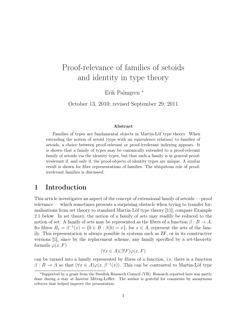 Proof-Relevance of Families of Setoids and Identity in Type Theory