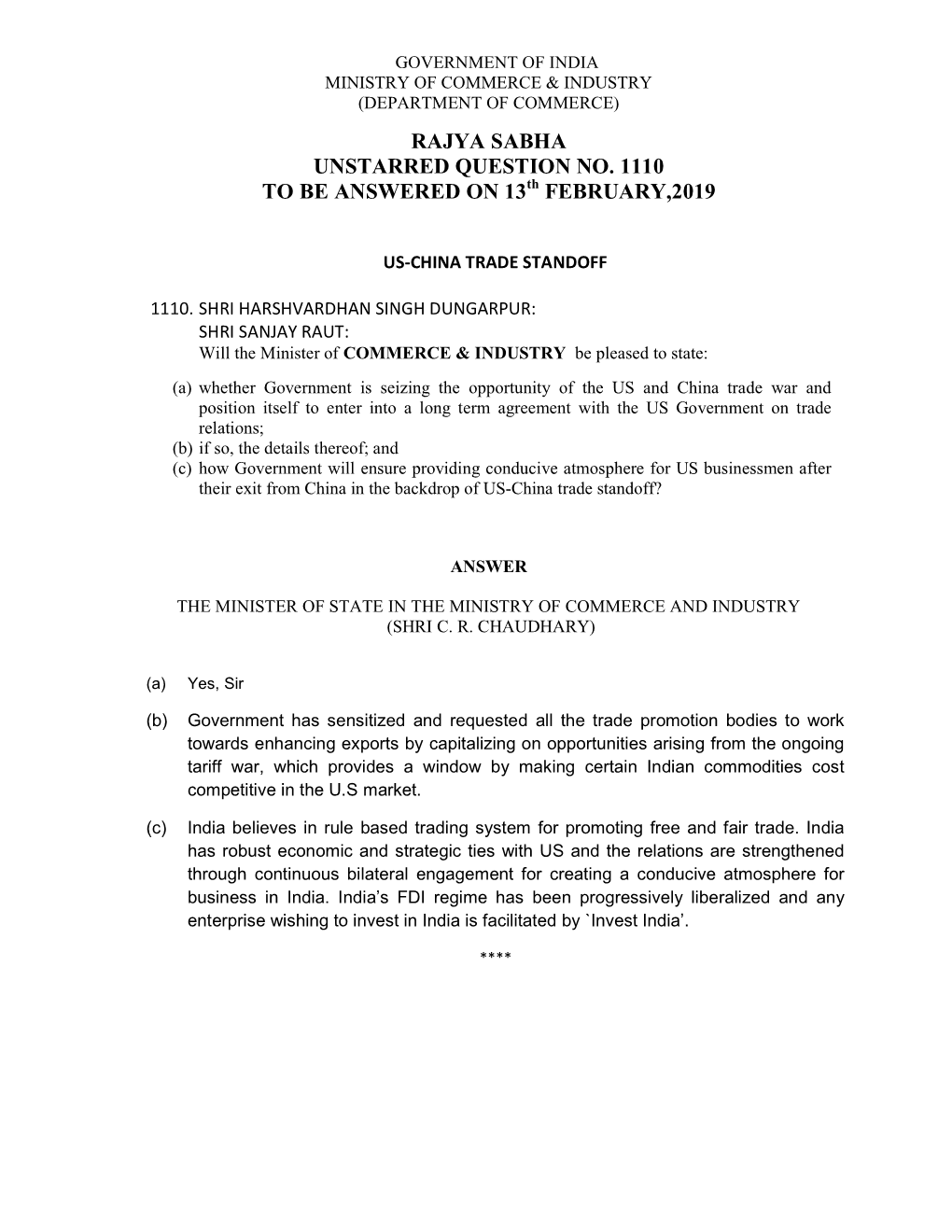 RAJYA SABHA UNSTARRED QUESTION NO. 1110 to BE ANSWERED on 13Th FEBRUARY,2019