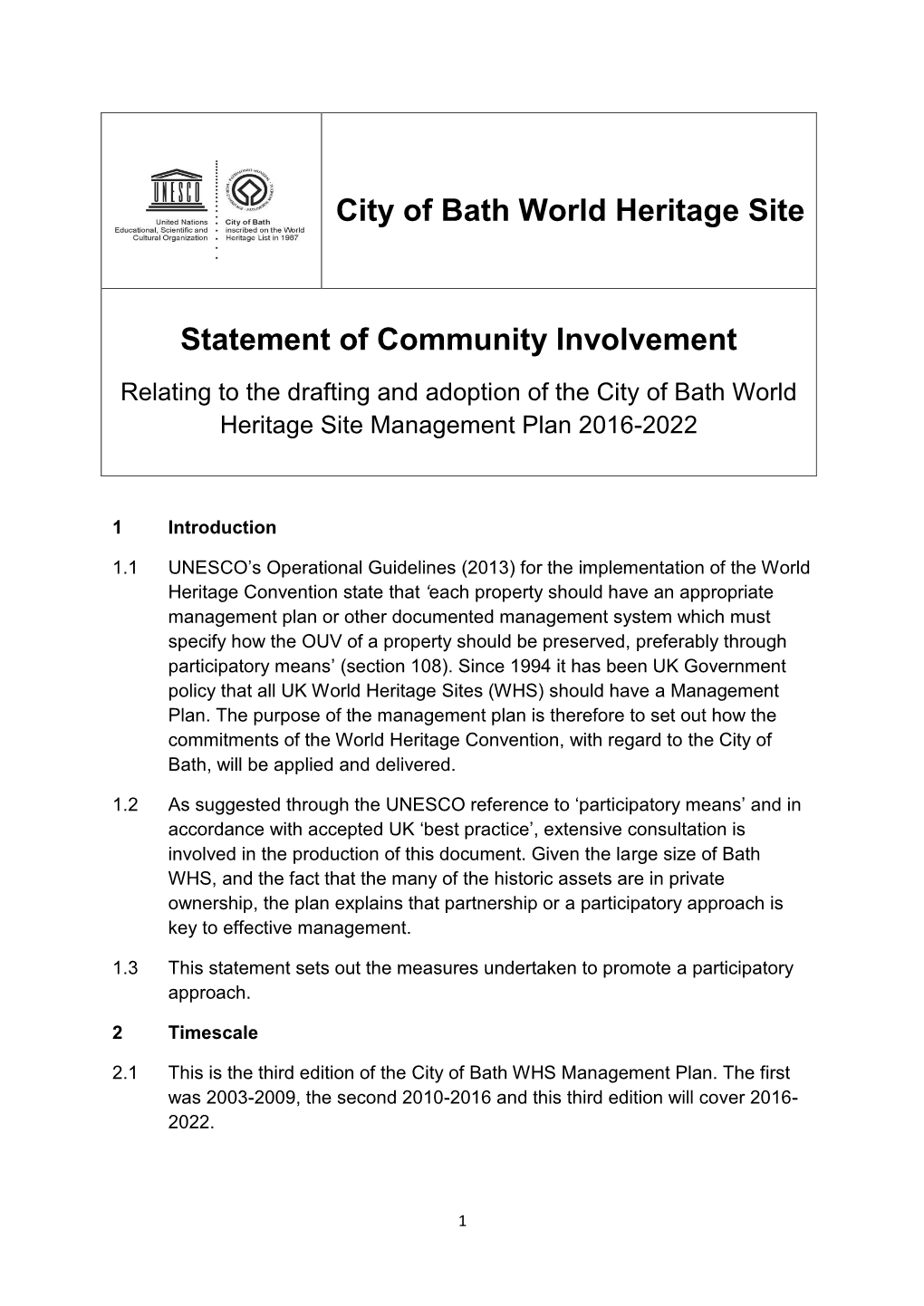 City of Bath World Heritage Site Statement of Community Involvement