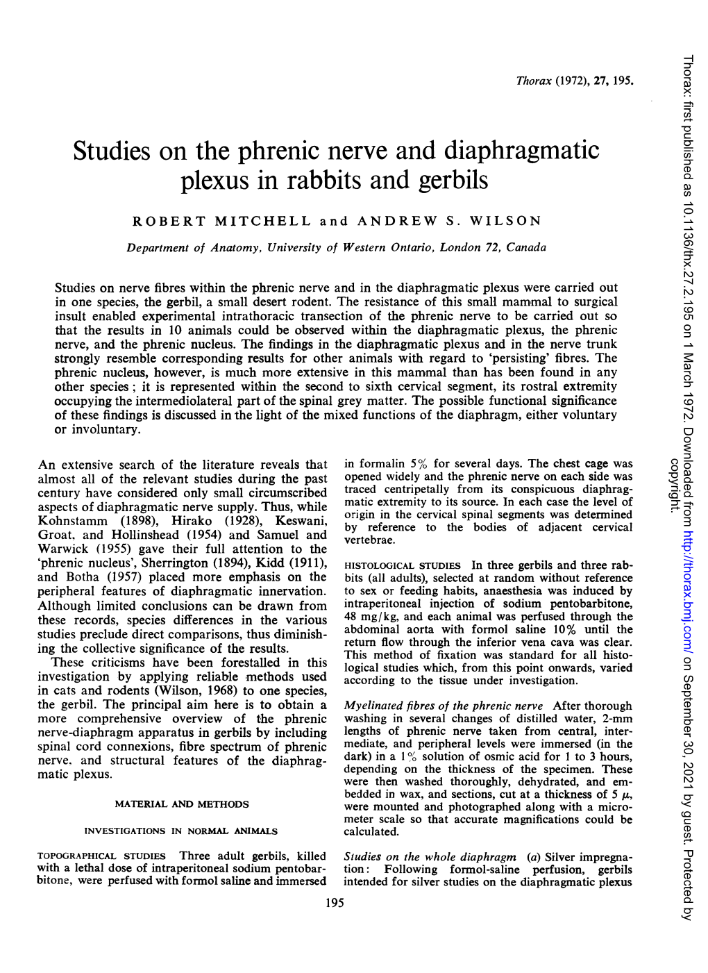 Studies on the Phrenic Nerve and Diaphragmatic Plexus in Rabbits and Gerbils