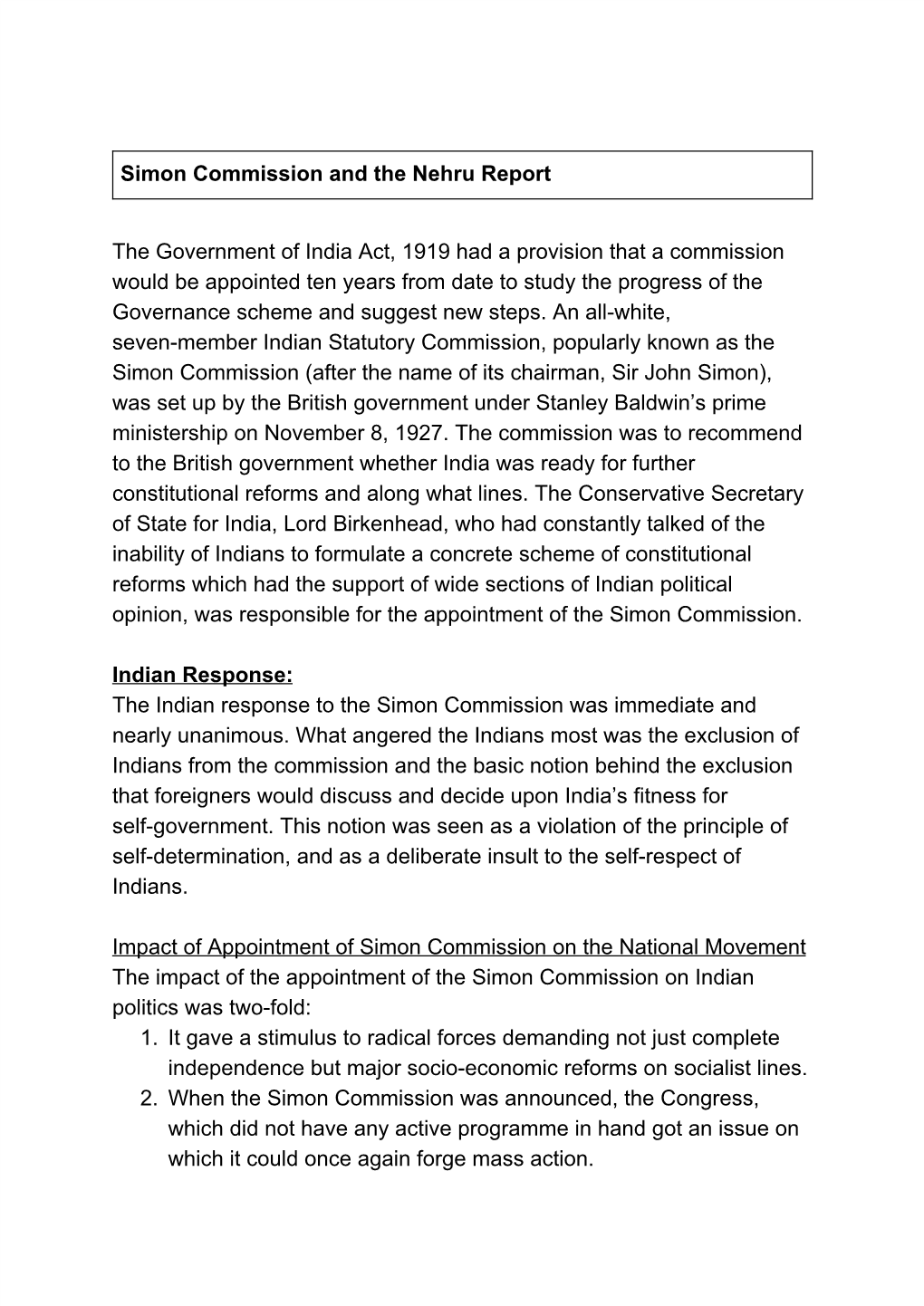 Simon Commission and the Nehru Report the Government of India Act