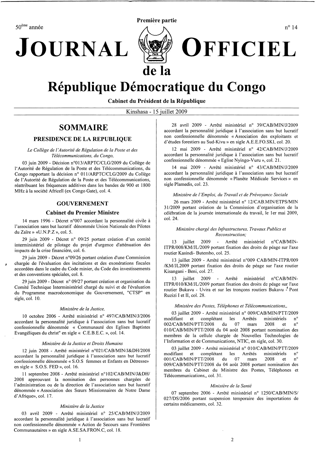 JOURNAL OFFICIEL Dela République Démocratique Du Congo Cabinet Du Président De La République Kinshasa- 15 Juillet 2009