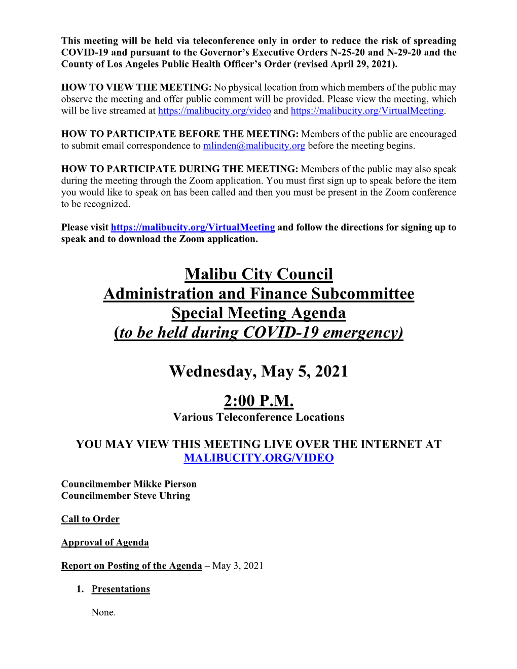 May 5, 2021 Special Meeting Page 2 of 2