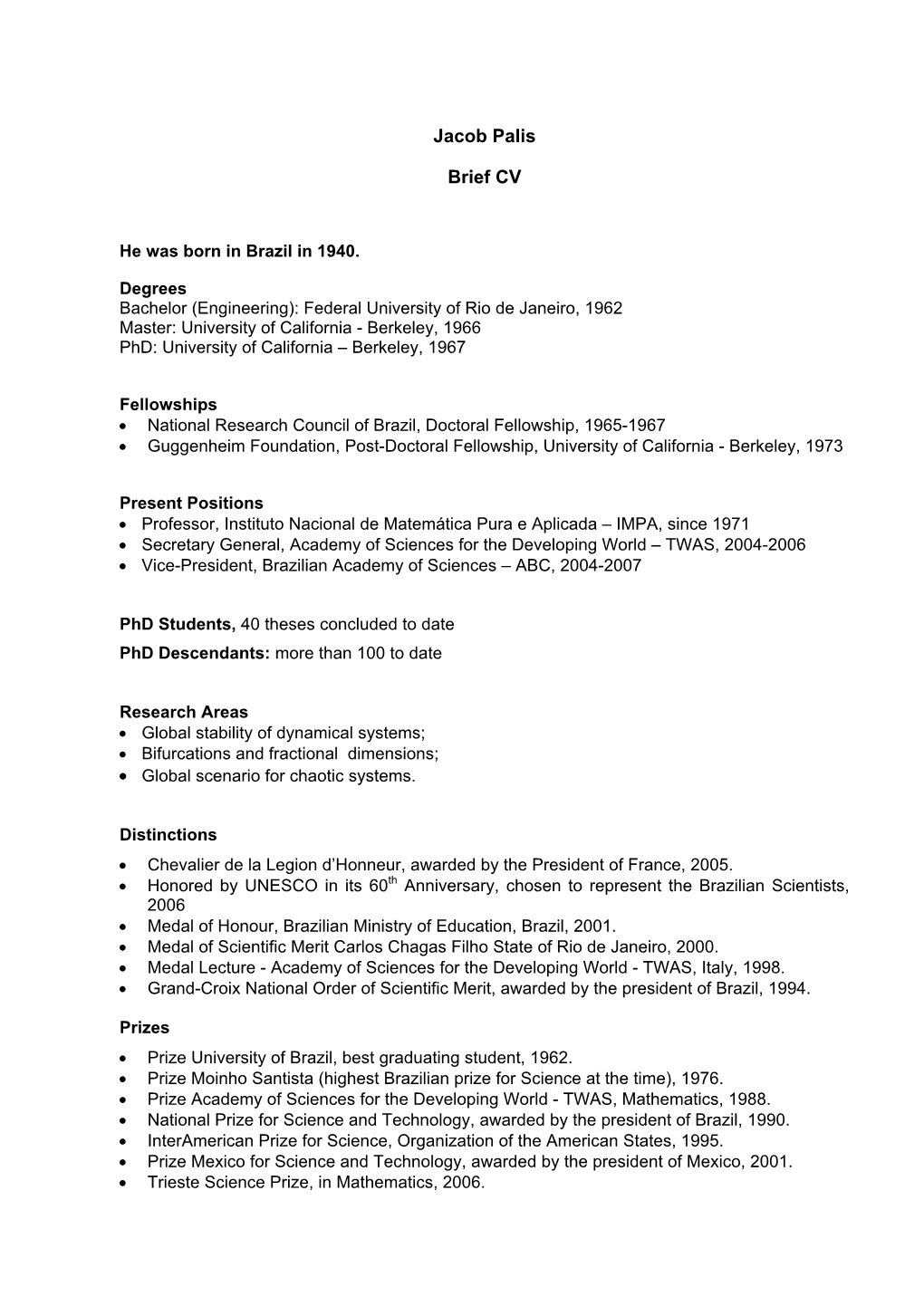 Jacob Palis Brief CV