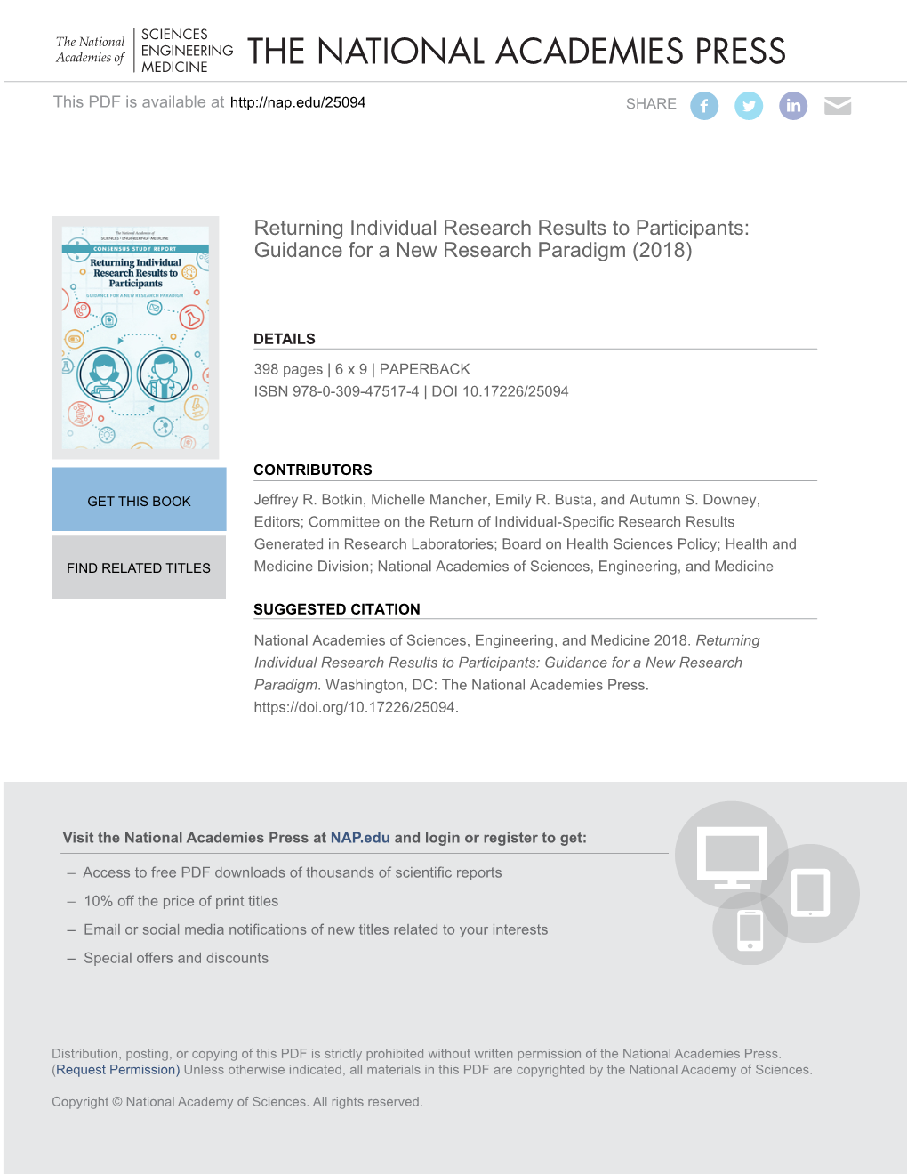 Returning Individual Research Results to Participants: Guidance for a New Research Paradigm (2018)