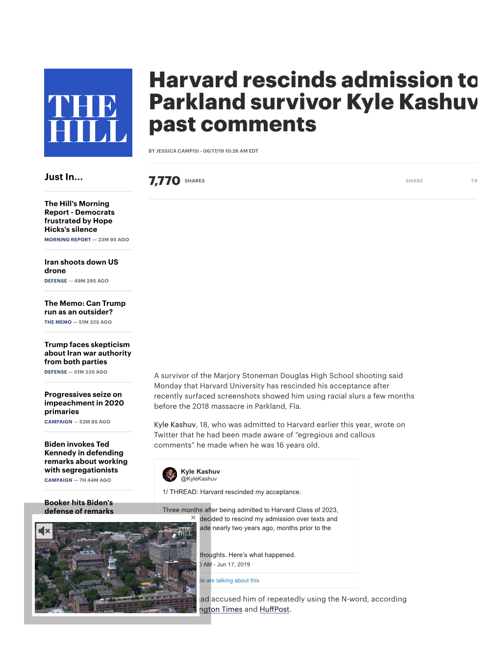 Harvard Rescinds Admission to Parkland Survivor Kyle Kashuv Past Comments