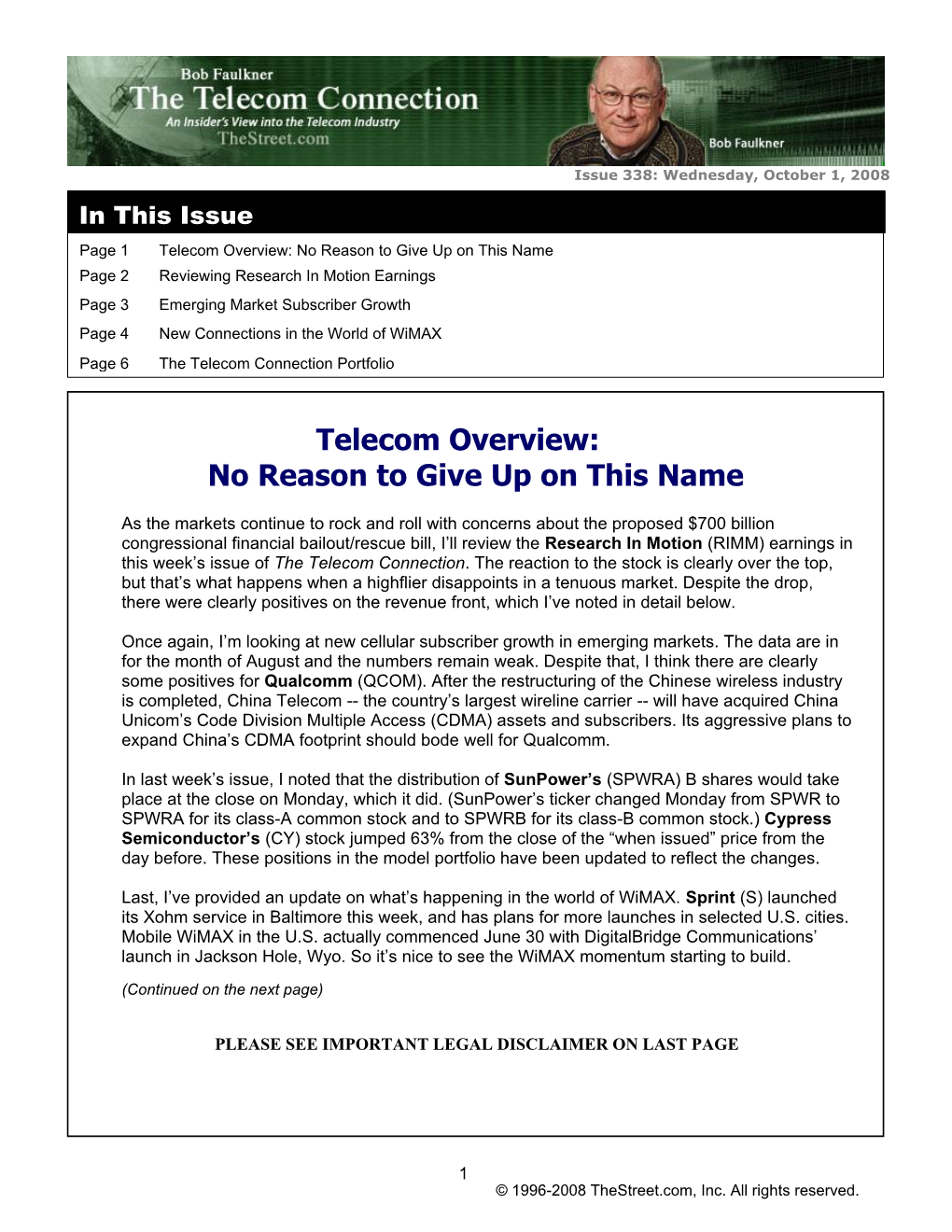 Telecom Overview: No Reason to Give up on This Name Page 2 Reviewing Research in Motion Earnings