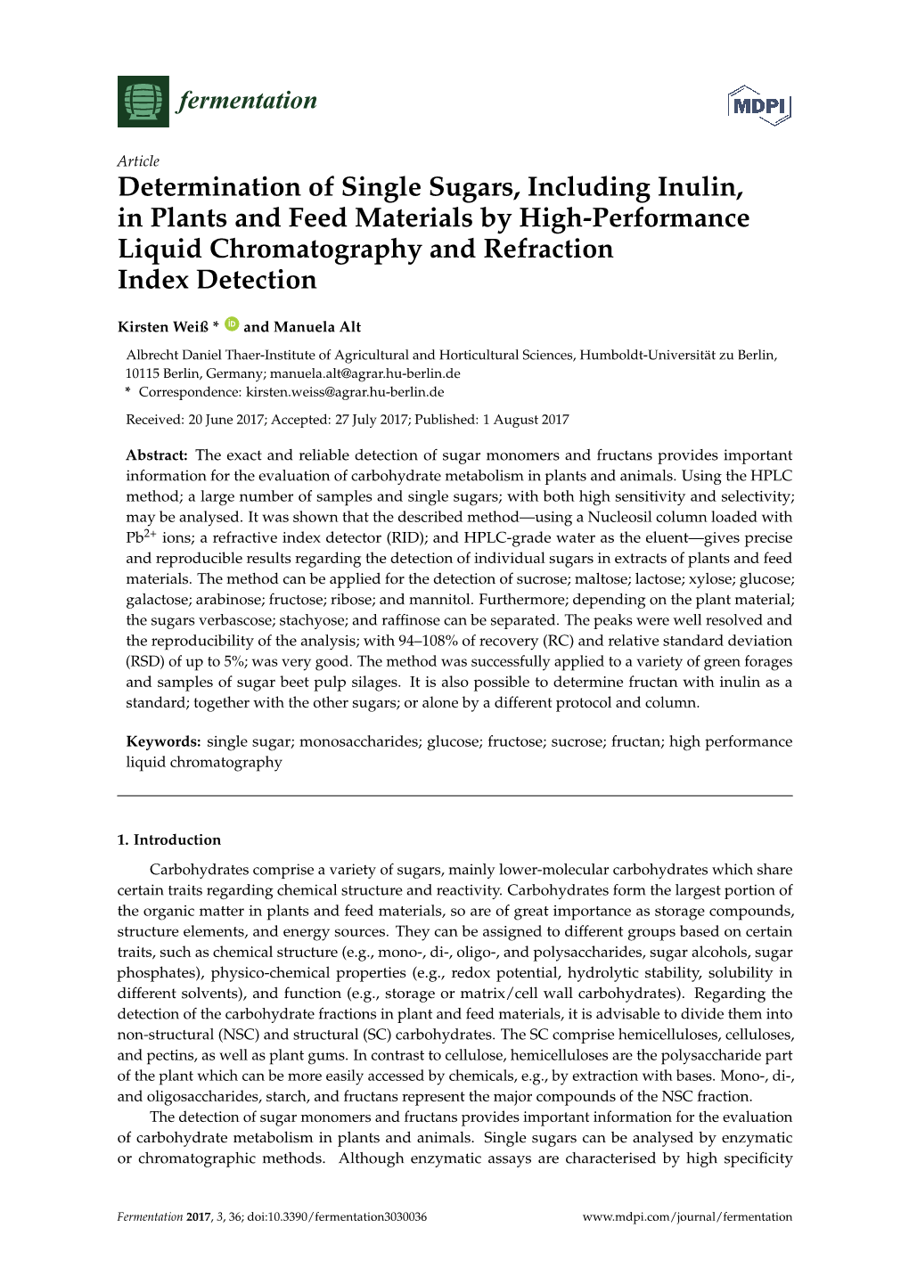 Determination of Single Sugars, Including Inulin, in Plants and Feed Materials by High-Performance Liquid Chromatography and Refraction Index Detection