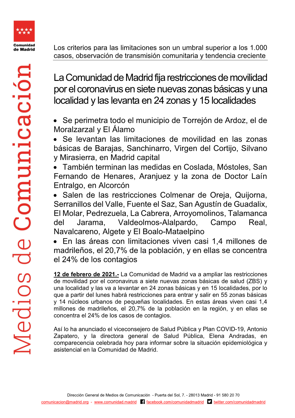 La Comunidad De Madrid Fija Restricciones De Movilidad Por El Coronavirus En Siete Nuevas Zonas Básicas Y Una Localidad Y Las Levanta En 24 Zonas Y 15 Localidades