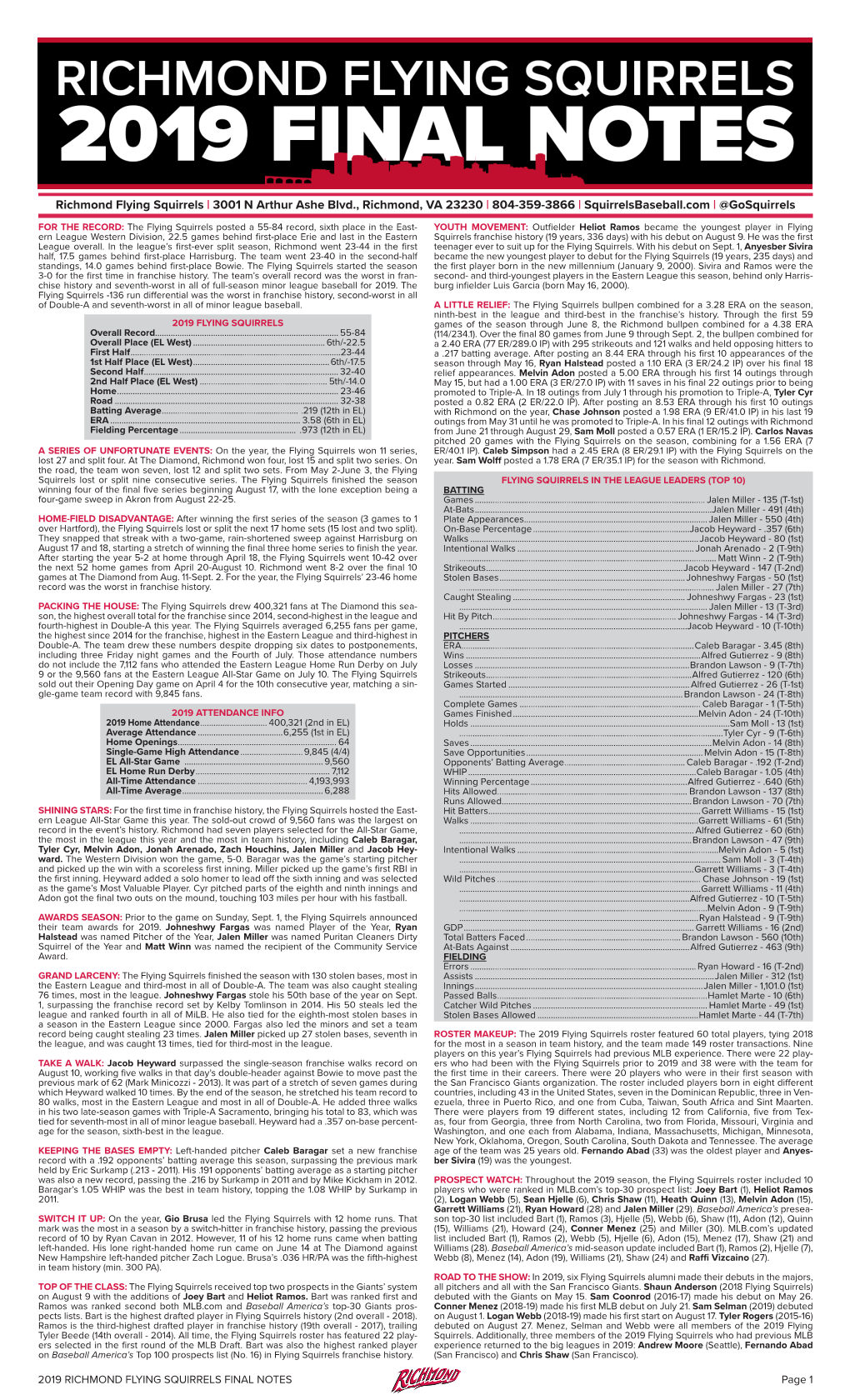 Richmond Flying Squirrels | 3001 N Arthur Ashe Blvd., Richmond, VA 23230 | 804-359-3866 | Squirrelsbaseball.Com | @Gosquirrels