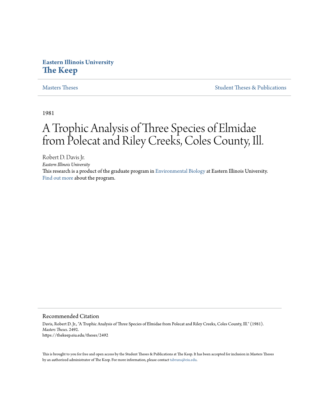 A Trophic Analysis of Three Species of Elmidae from Polecat and Riley Creeks, Coles County, Ill