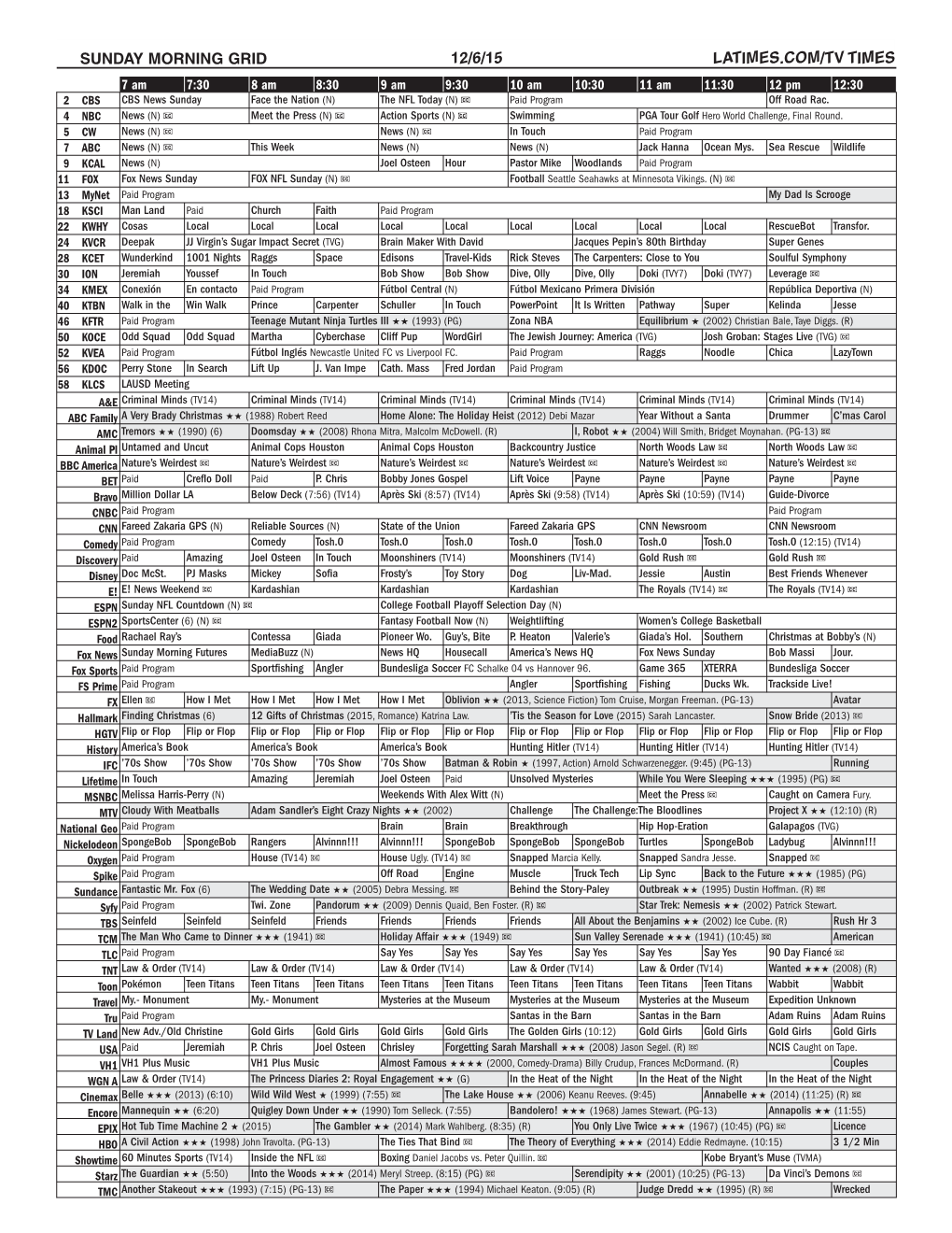 Sunday Morning Grid 12/6/15 Latimes.Com/Tv Times