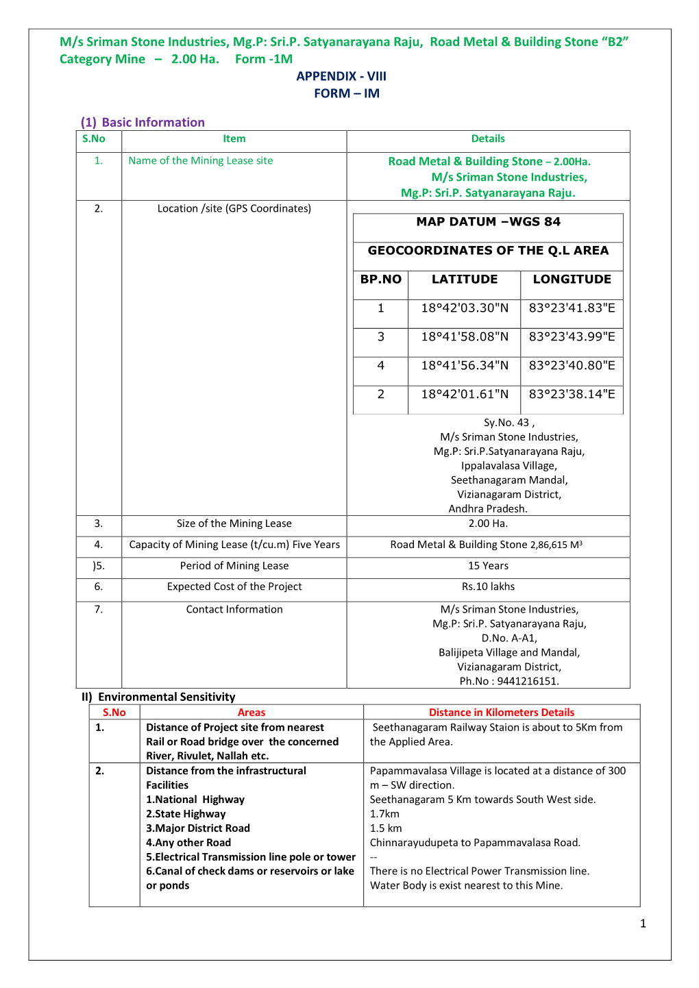 M/S Sriman Stone Industries, Mg.P: Sri.P