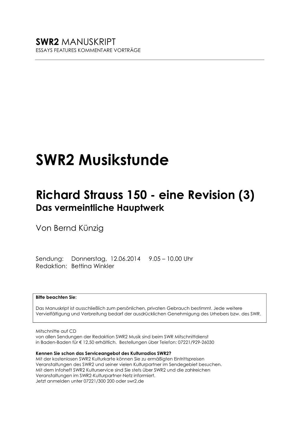 SWR2 Musikstunde Richard Strauss